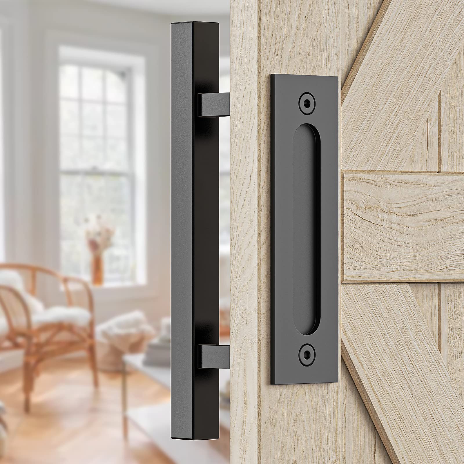 Matte Black 30cm Pull and Flush Barn Door Handle Set