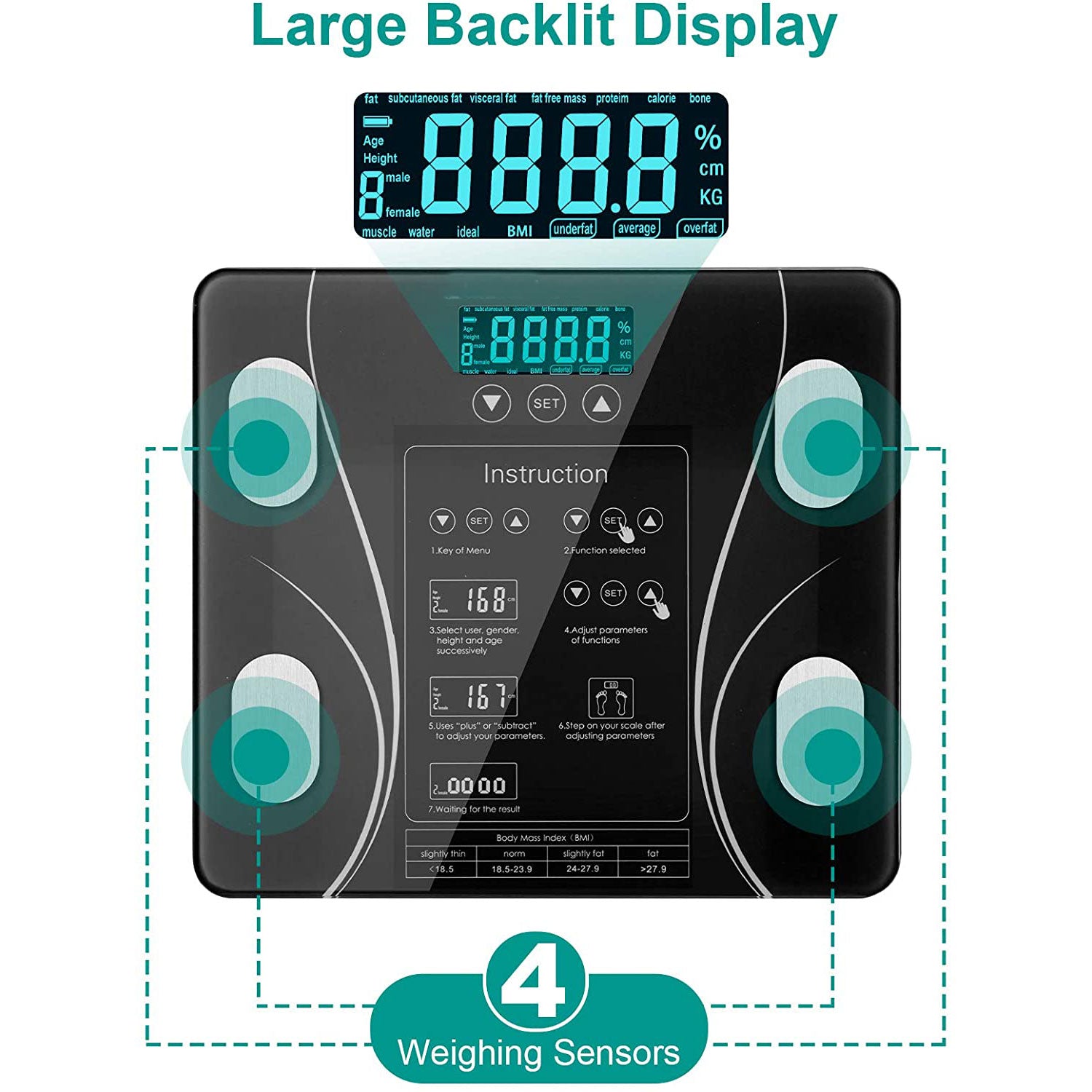 Body Fat LCD Scale, 15 Metrics, 396 lbs Capacity