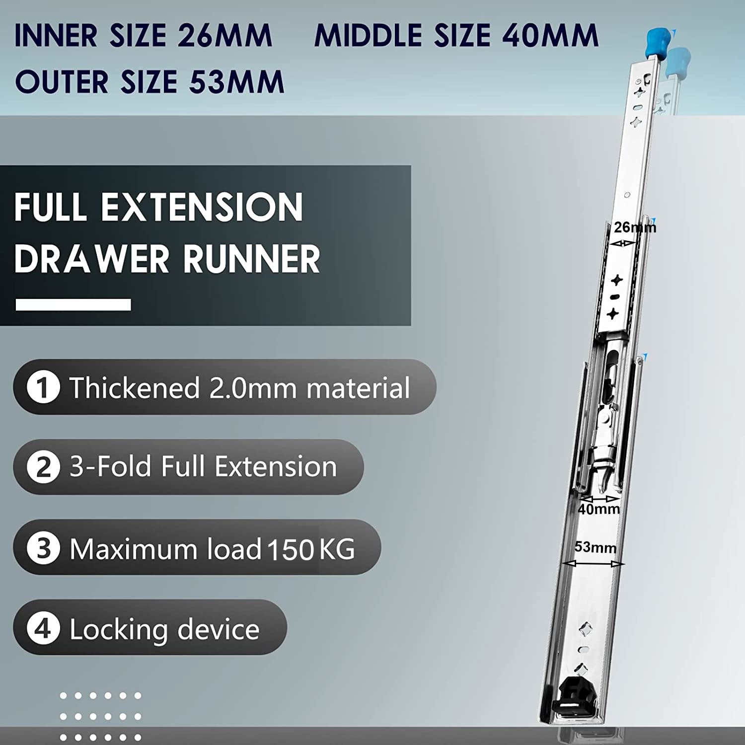 Heavy Duty 16" Drawer Slides, Locking Ball Bearing, 150KG