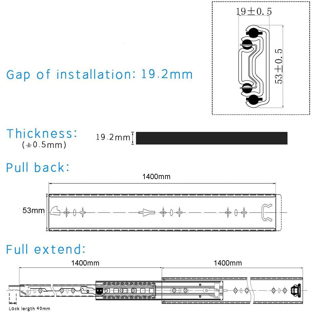 Heavy Duty 56in Locking Drawer Slides 150KG 3-Fold Extension