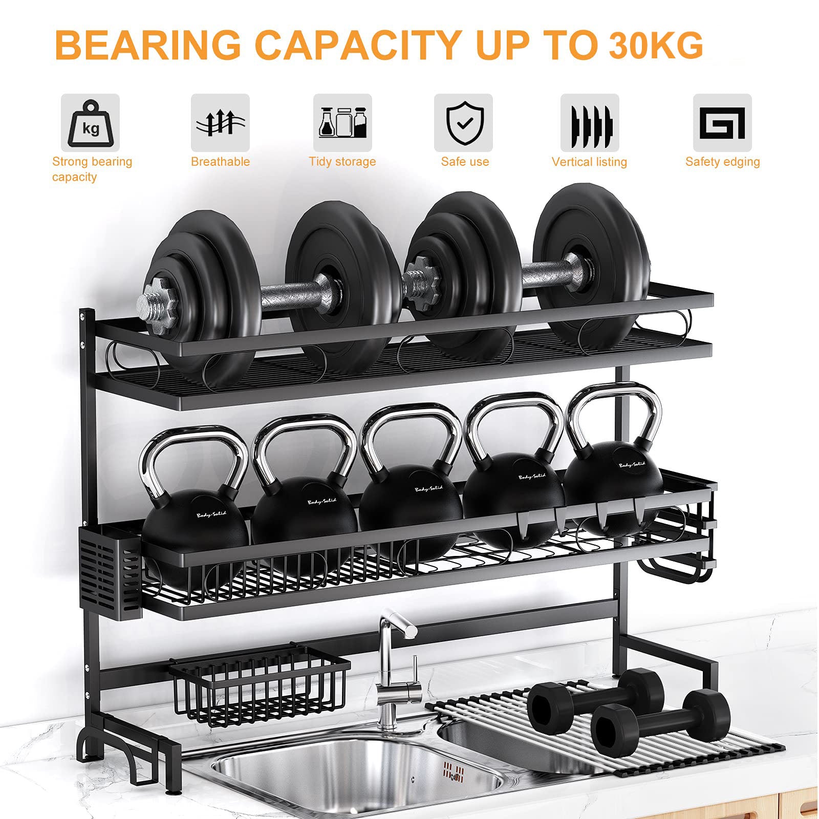 85cm 3 Tier Stainless Over Sink Dish Drying Rack with Anti-Slip Pads