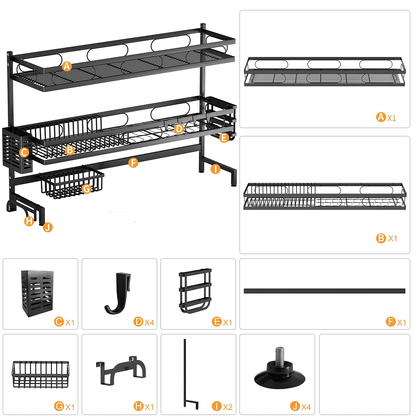 85cm 3 Tier Stainless Over Sink Dish Drying Rack with Anti-Slip Pads