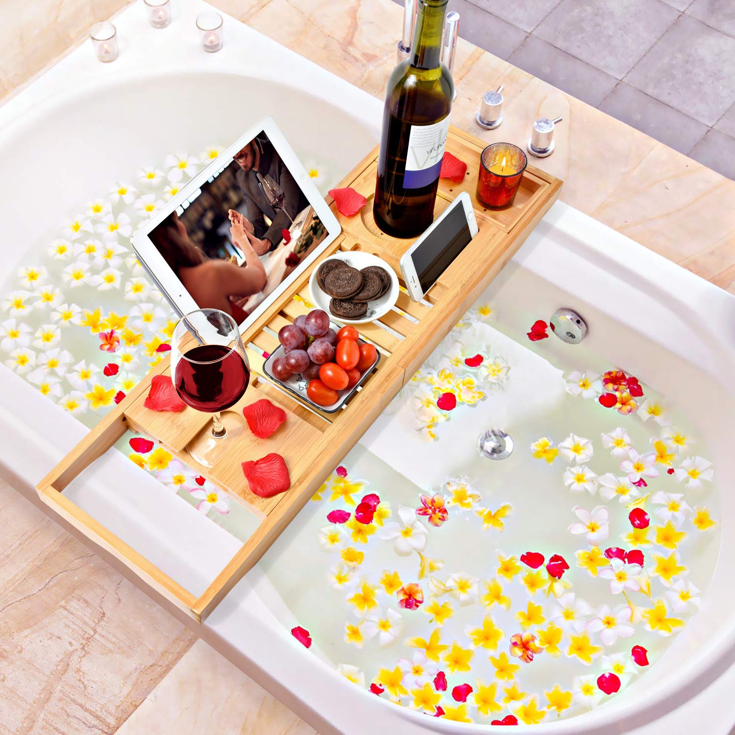 Adjustable Bamboo Bath Tray Caddy with Wineglass Holder