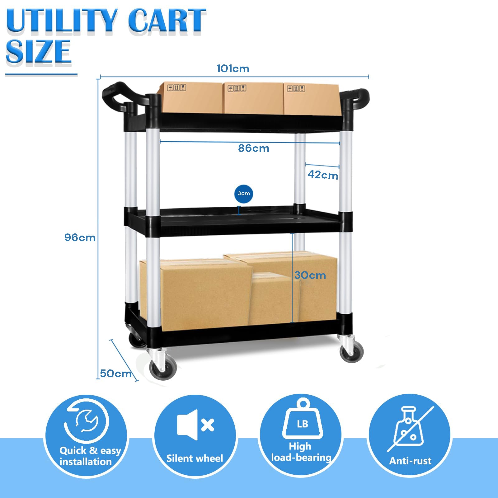 Large 3 Tier Utility Cart with 240KG Capacity, Black