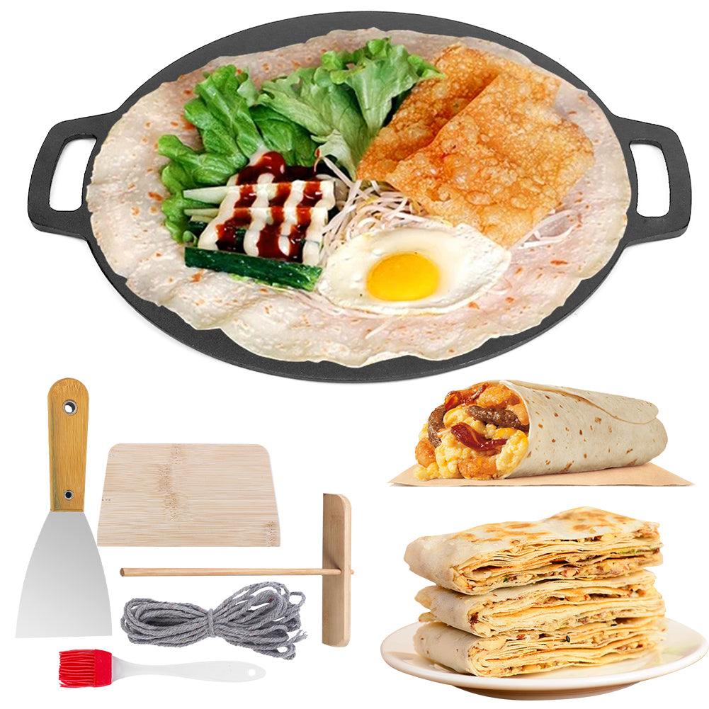 34cm Cast Iron Crepe Pan Set with Ergonomic Handles, 5 Pieces