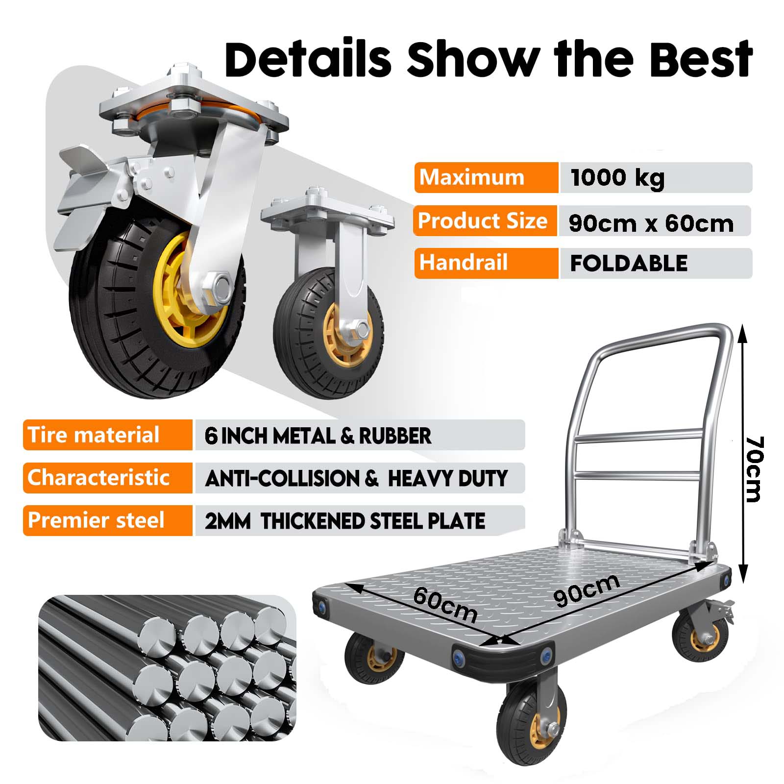 1000KG Foldable Steel Platform Truck with Brake, 90x60cm