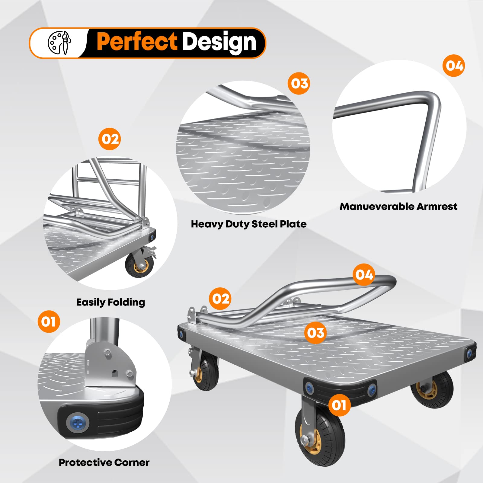 1000KG Foldable Steel Platform Truck with Brake, 90x60cm