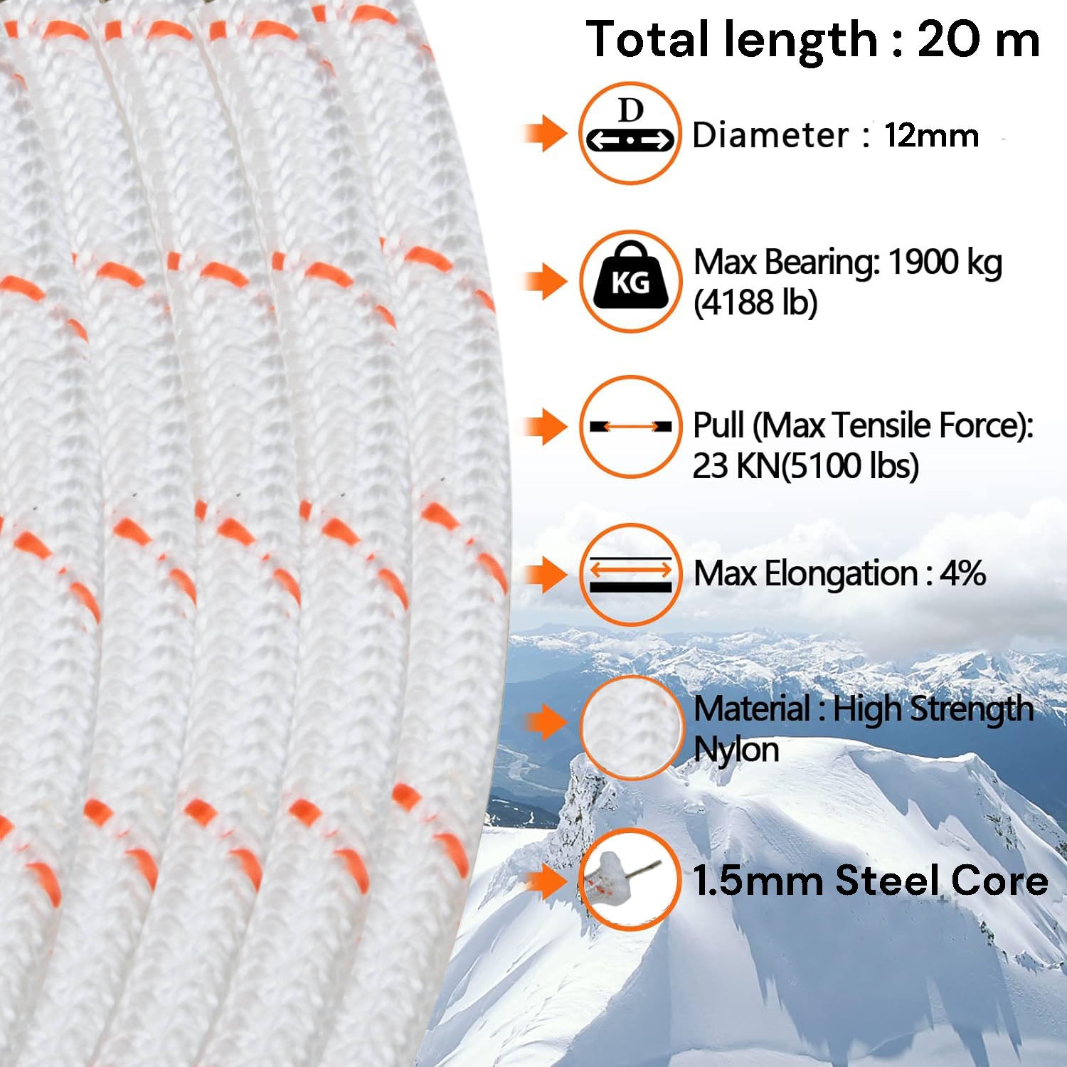 12mm Nylon Safety Climbing Rope with Carabiners, 20m