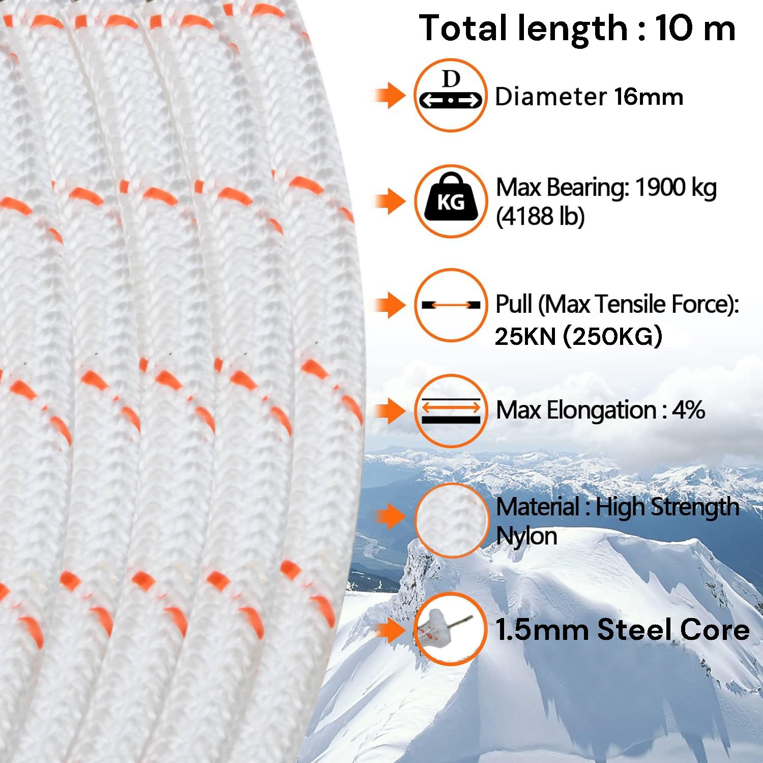 16mm 10m Safety Nylon Climbing Rope UV-Resistant + 2 Carabiner