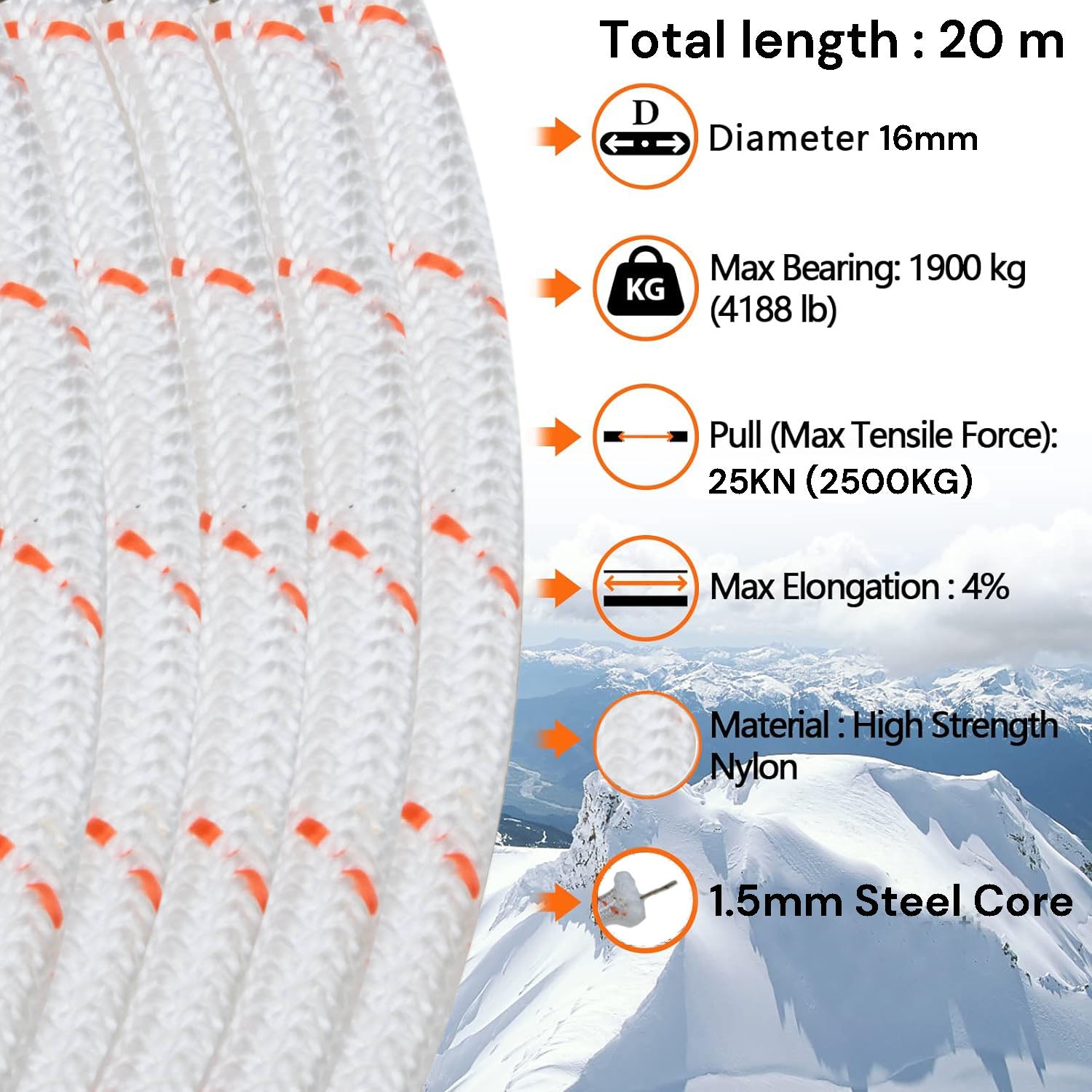 20m Nylon Safety Climbing Rope, 16mm, UV Resistant, White