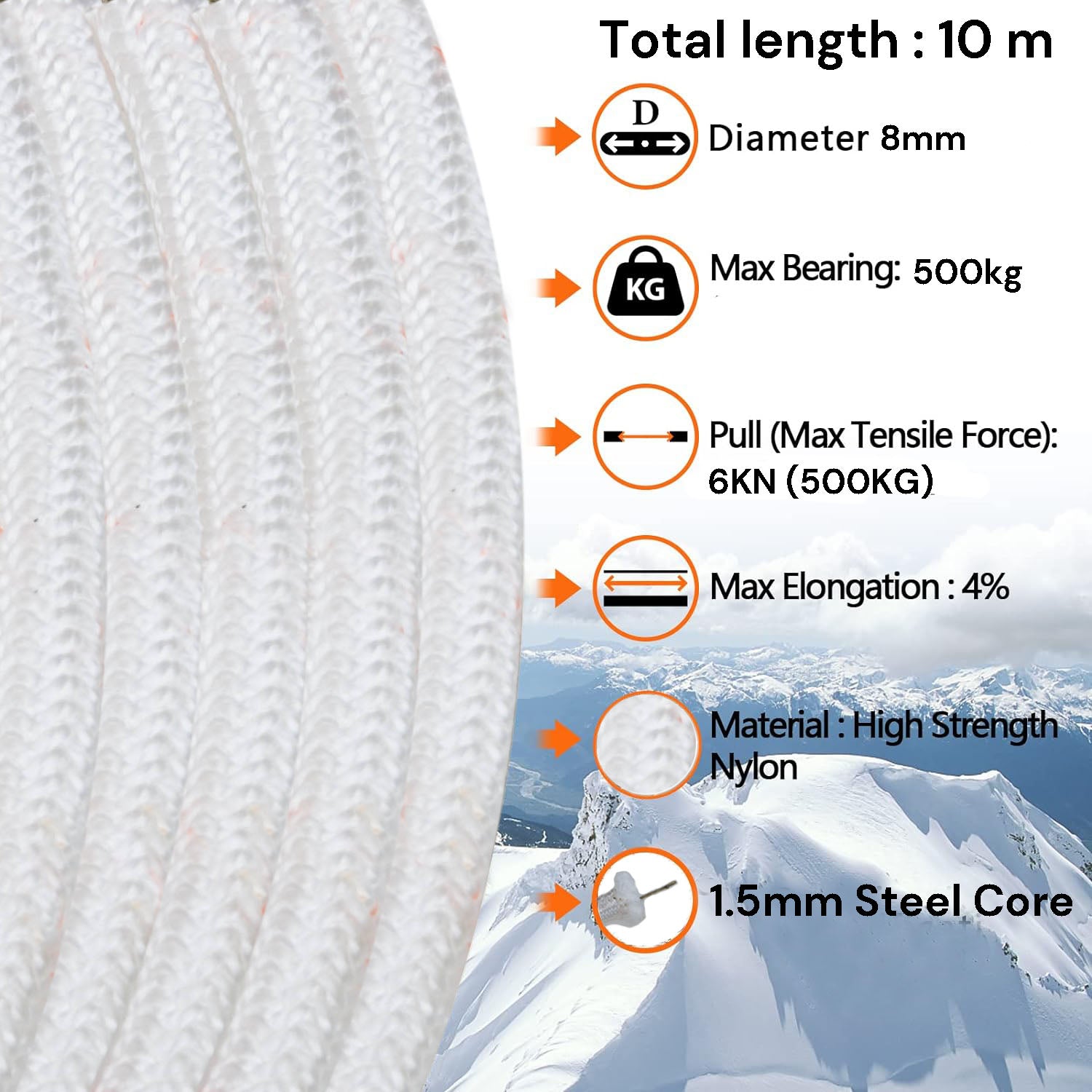 8mm 10m Nylon Safety Climbing Rope, UV-Resistant