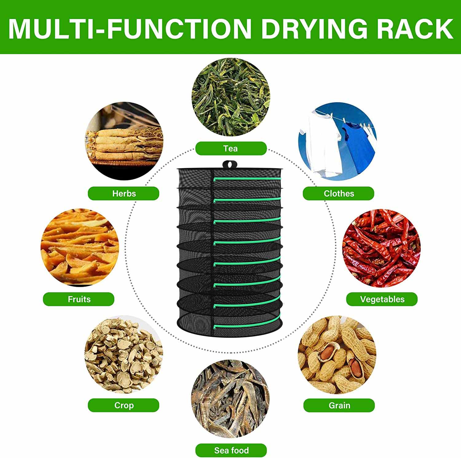 8-Layer 162cm Foldable Mesh Drying Rack for Herbs, Vegetables, Fruits