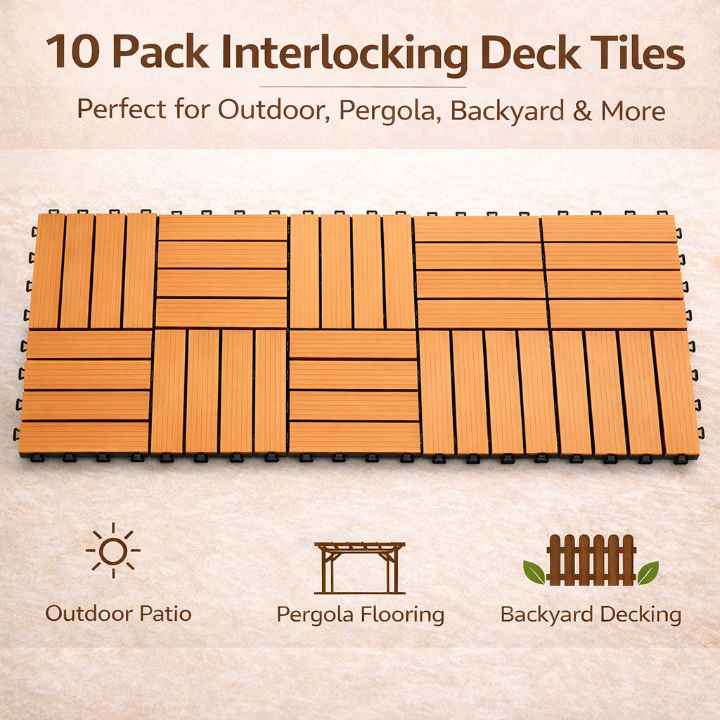 10PCS Interlocking Patio Deck Tiles 30cm x 30cm Outdoor Wood Flooring for Patio Garden Balcony Poolside