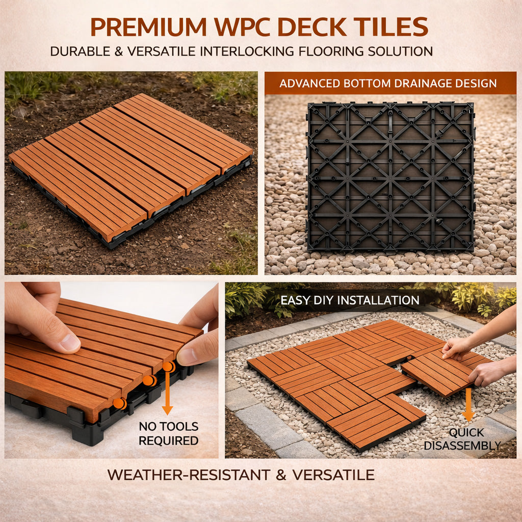 10PCS Interlocking Patio Deck Tiles 30cm x 30cm Outdoor Wood Flooring for Patio Garden Balcony Poolside