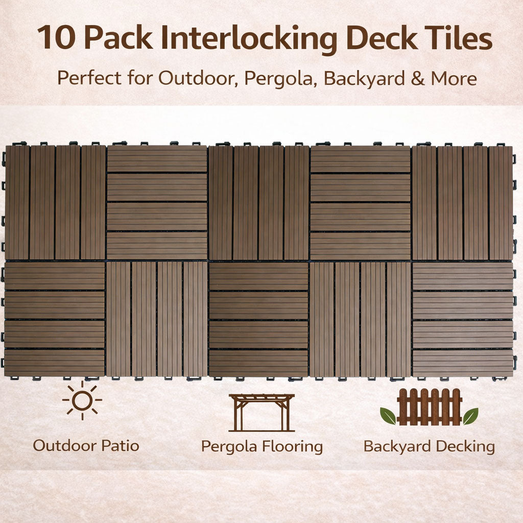 10PCS Interlocking Patio Deck Tiles 30cm x 30cm Outdoor Wood Flooring for Patio Garden Balcony Poolside Walnut