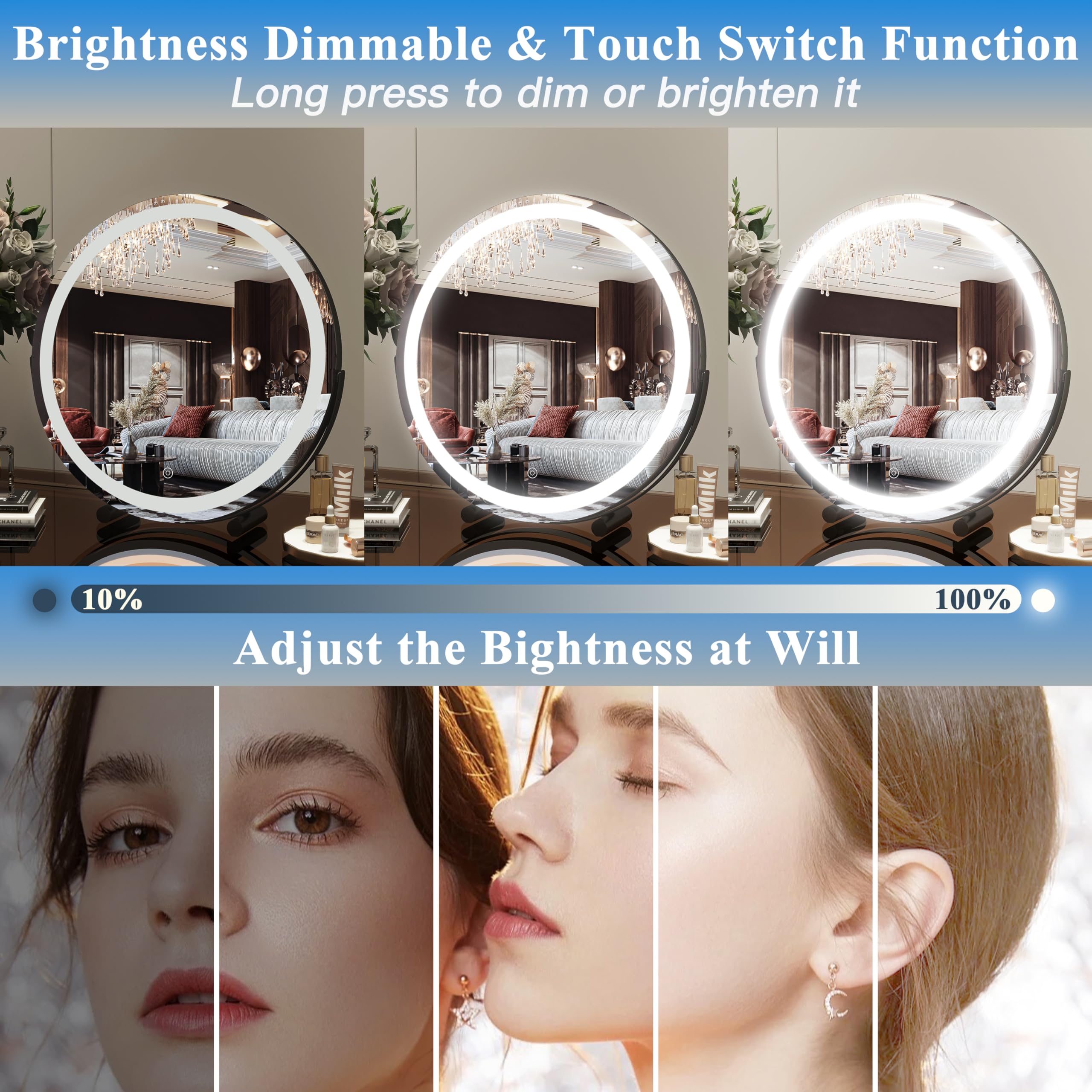 45cm Round LED Makeup Mirror Touch Control, 3 Light Modes, Black