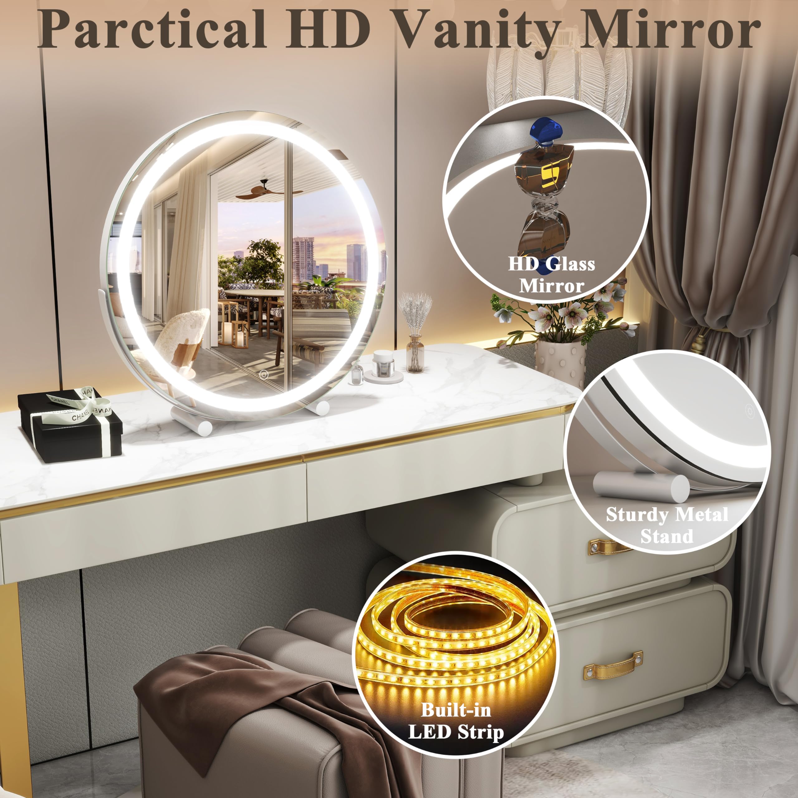 45cm LED Touch Vanity Mirror with Tricolor Lights, Dimming, 360° Rotation