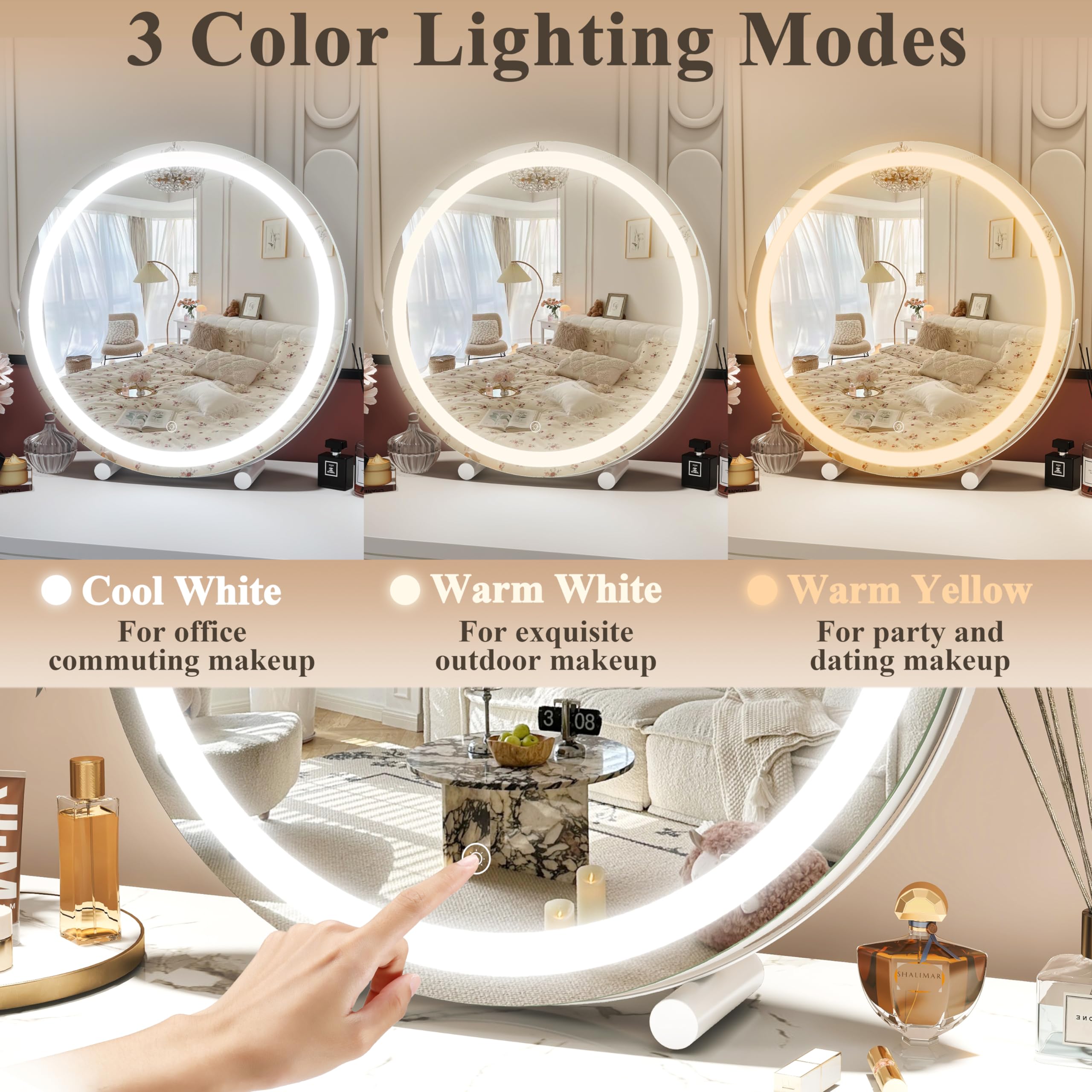 45cm LED Touch Vanity Mirror with Tricolor Lights, Dimming, 360° Rotation