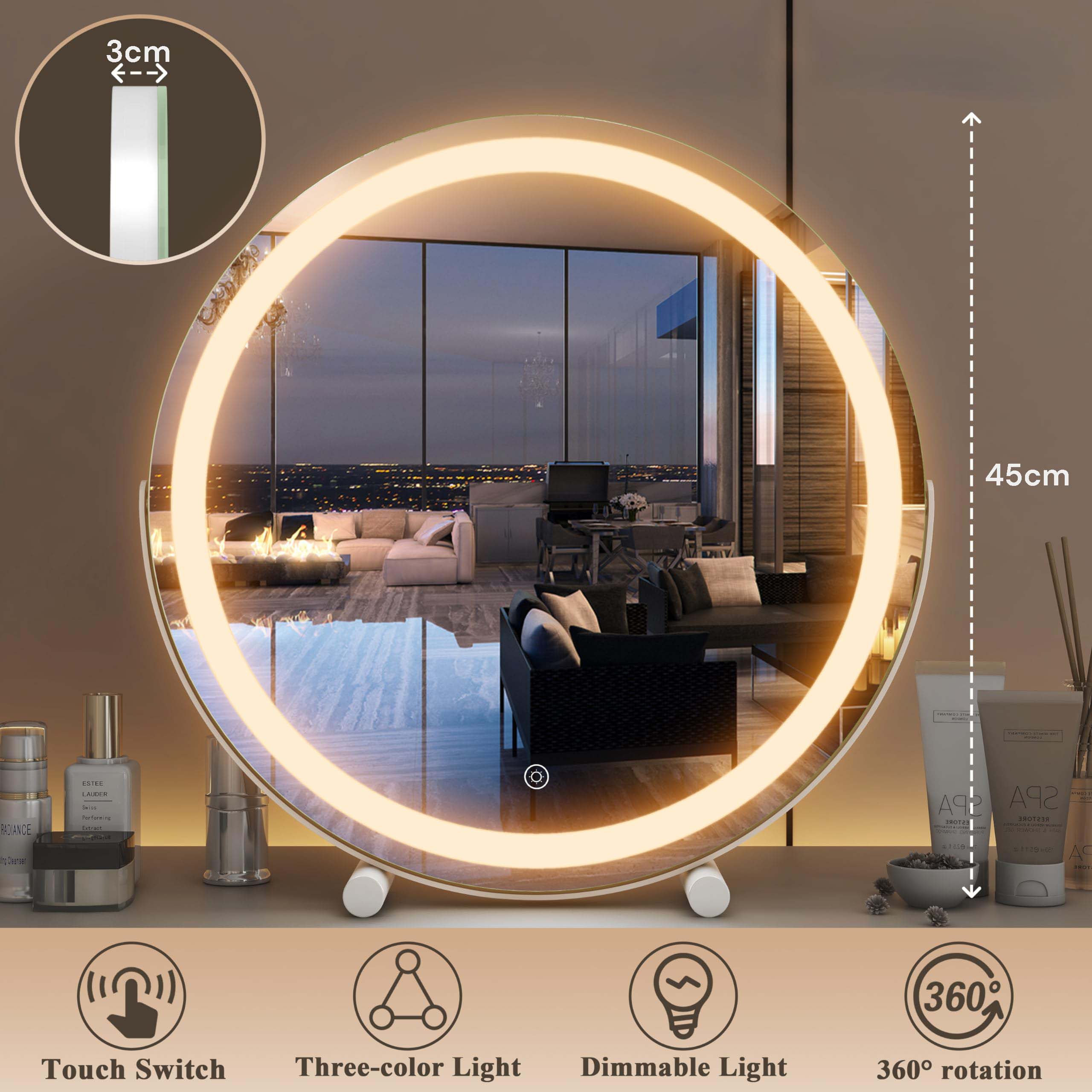 45cm LED Touch Vanity Mirror with Tricolor Lights, Dimming, 360° Rotation