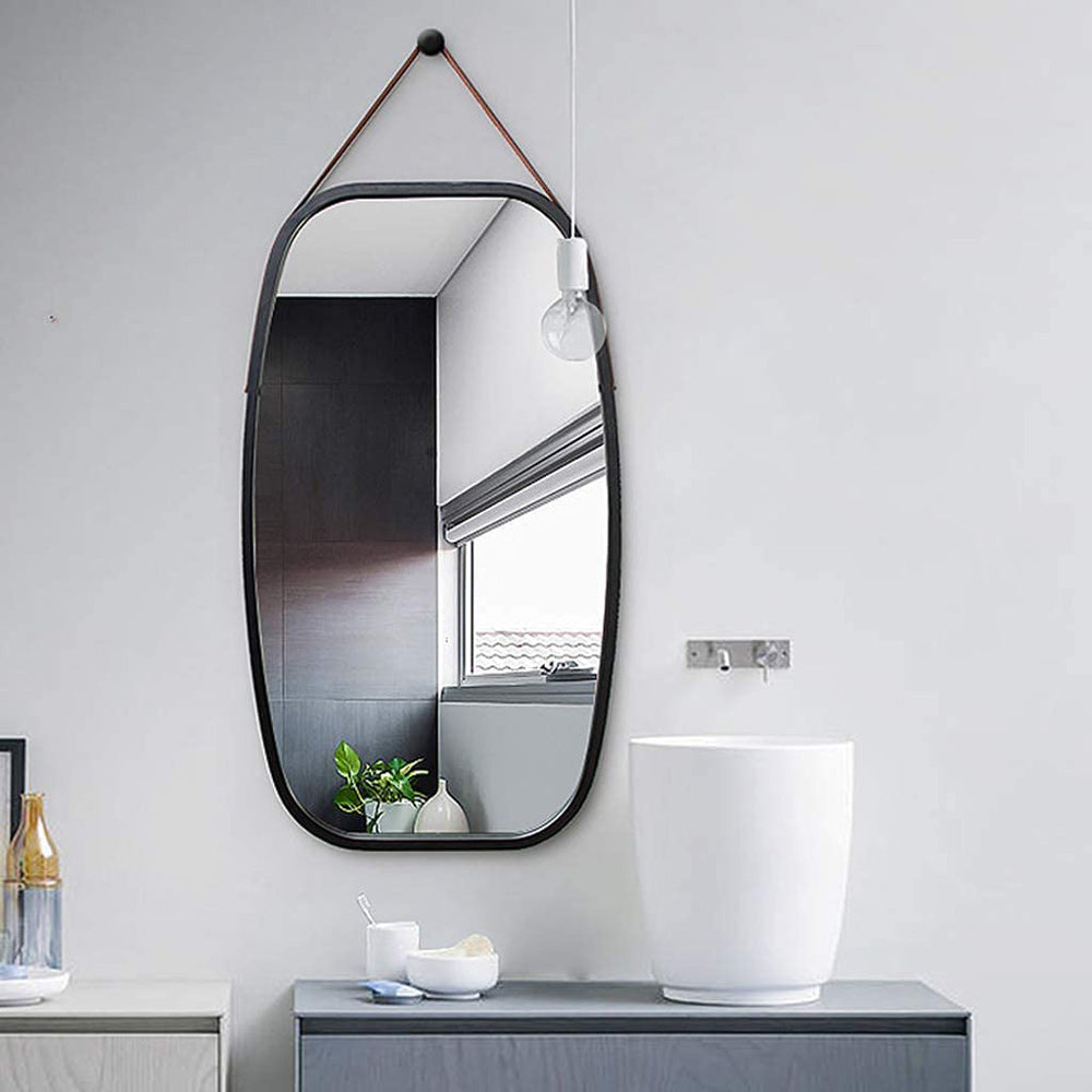 Durable Bamboo Frame Wall Mirror with Adjustable Strap, 1x Set