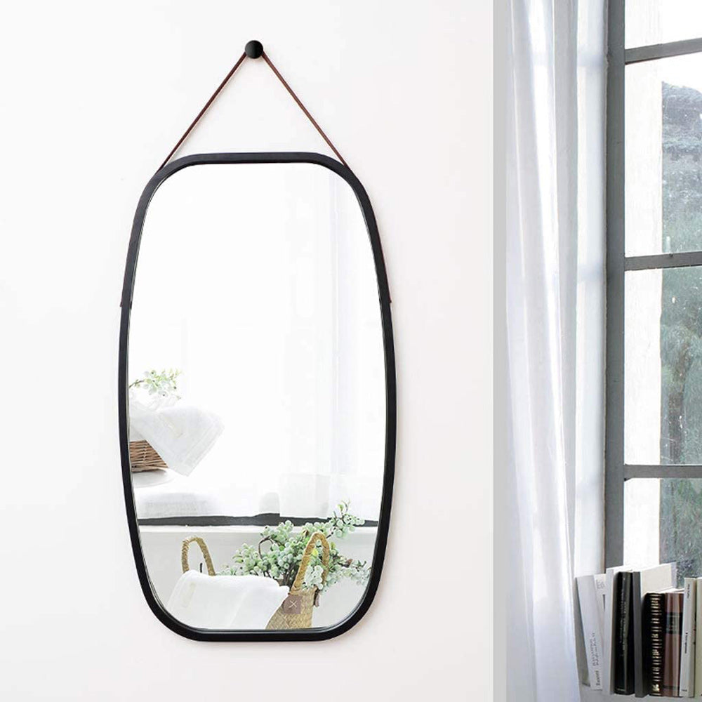 Durable Bamboo Frame Wall Mirror with Adjustable Strap, 1x Set