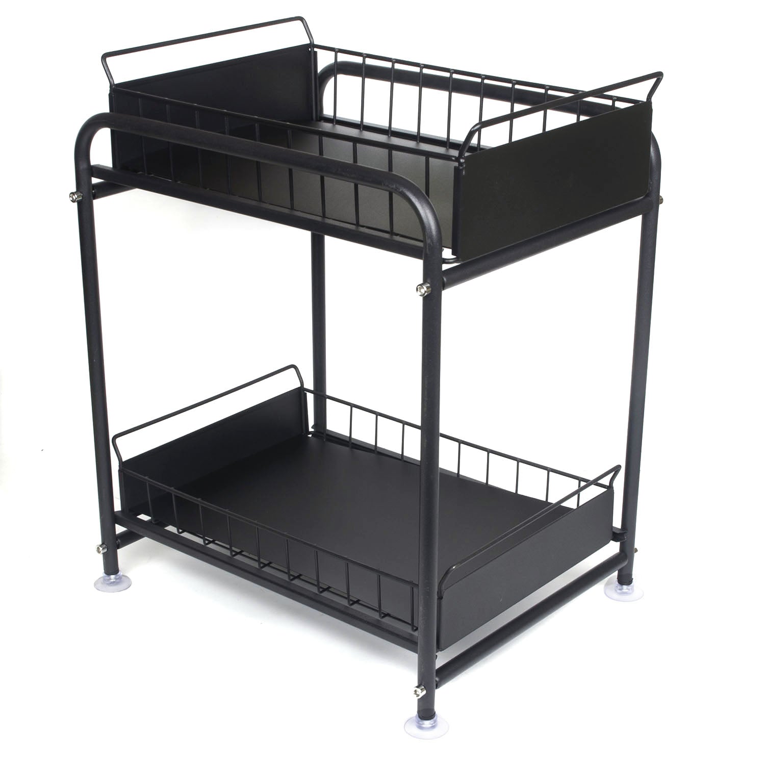 2 Tier Under Sink Storage Rack Kitchen Organizer Steel Frame with Removable Baskets & Suction Feet Black