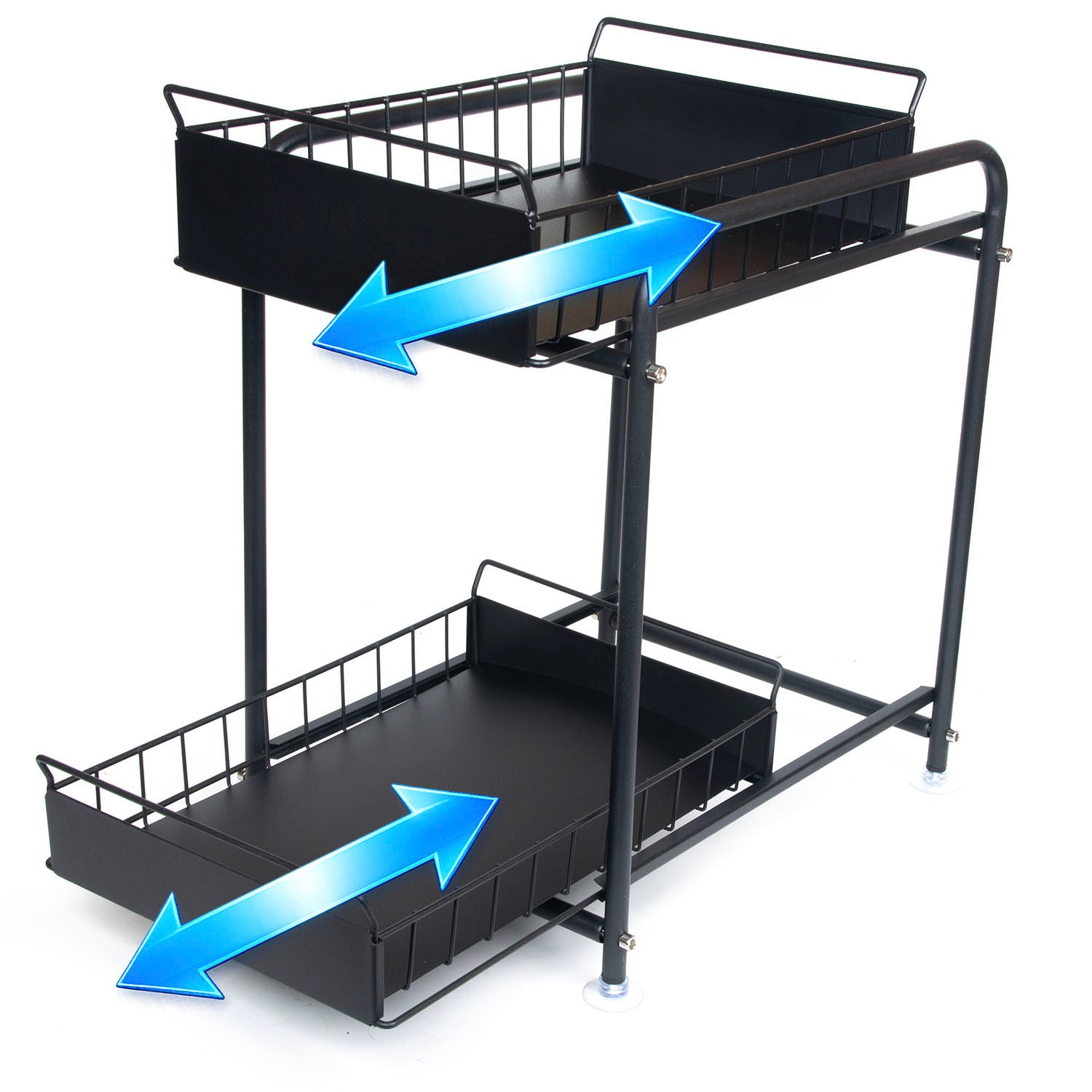 2 Tier Under Sink Storage Rack Kitchen Organizer Steel Frame with Removable Baskets & Suction Feet Black