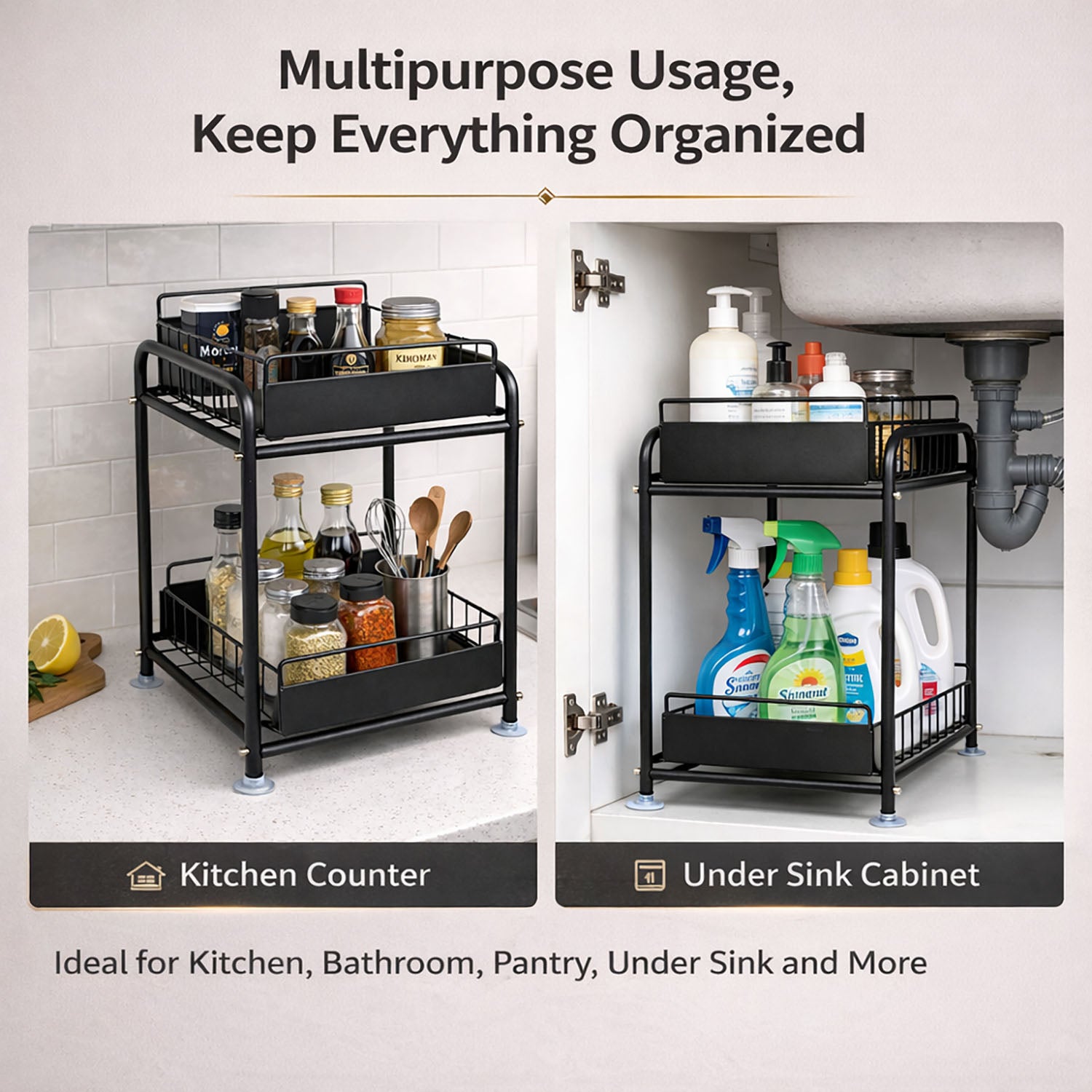 2 Tier Under Sink Storage Rack Kitchen Organizer Steel Frame with Removable Baskets & Suction Feet Black