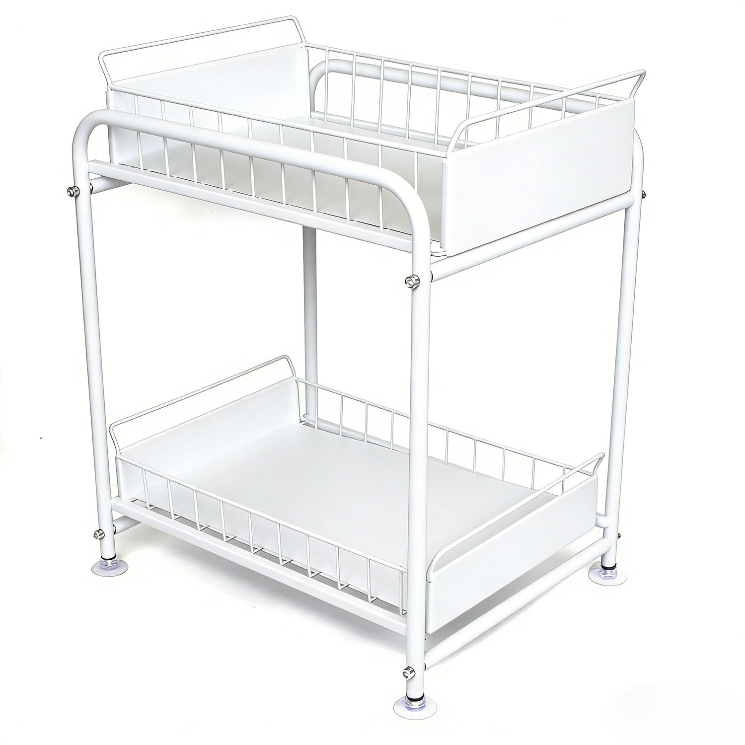 2 Tier Under Sink Storage Rack Kitchen Organizer Steel Frame with Removable Baskets & Suction Feet White