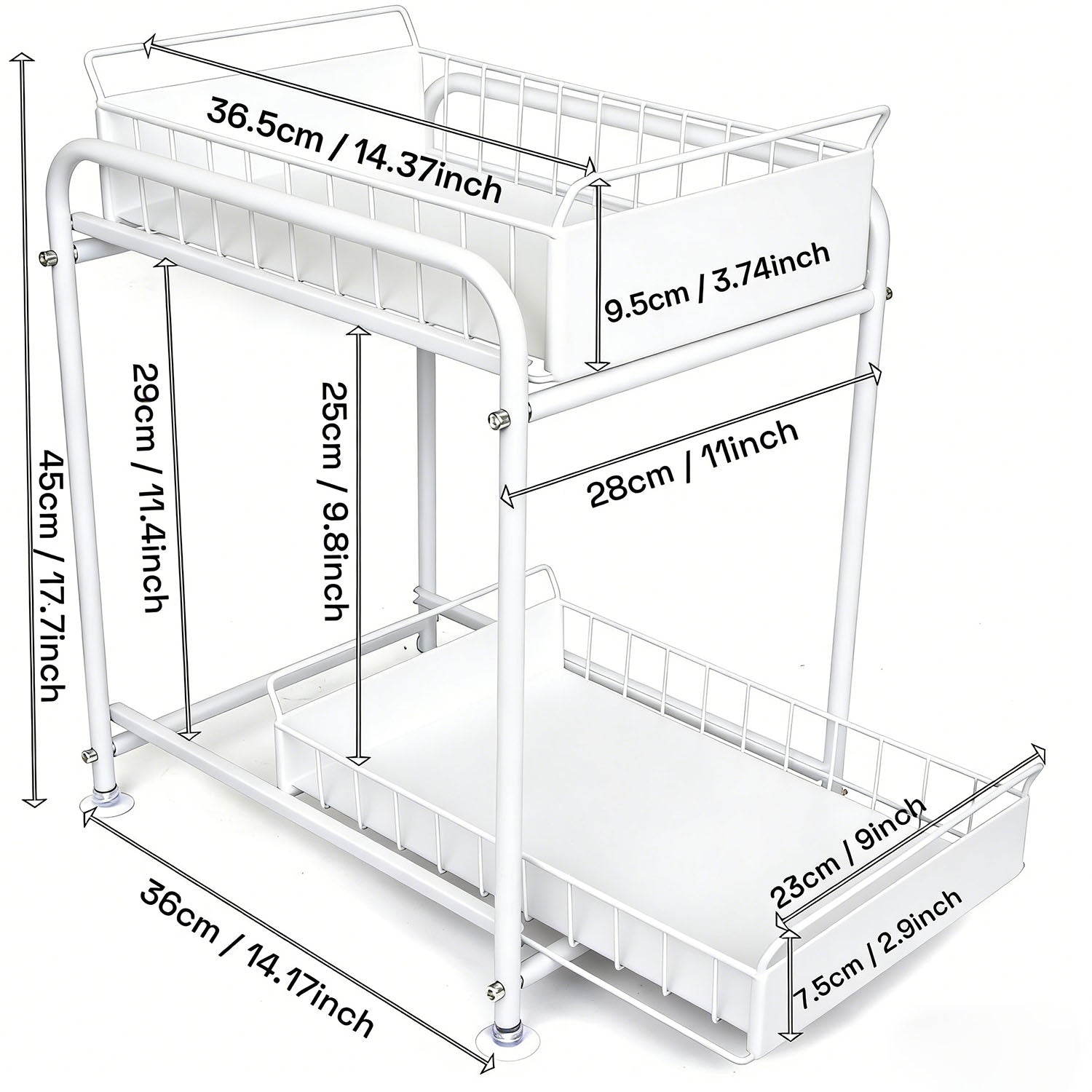 2 Tier Under Sink Storage Rack Kitchen Organizer Steel Frame with Removable Baskets & Suction Feet White