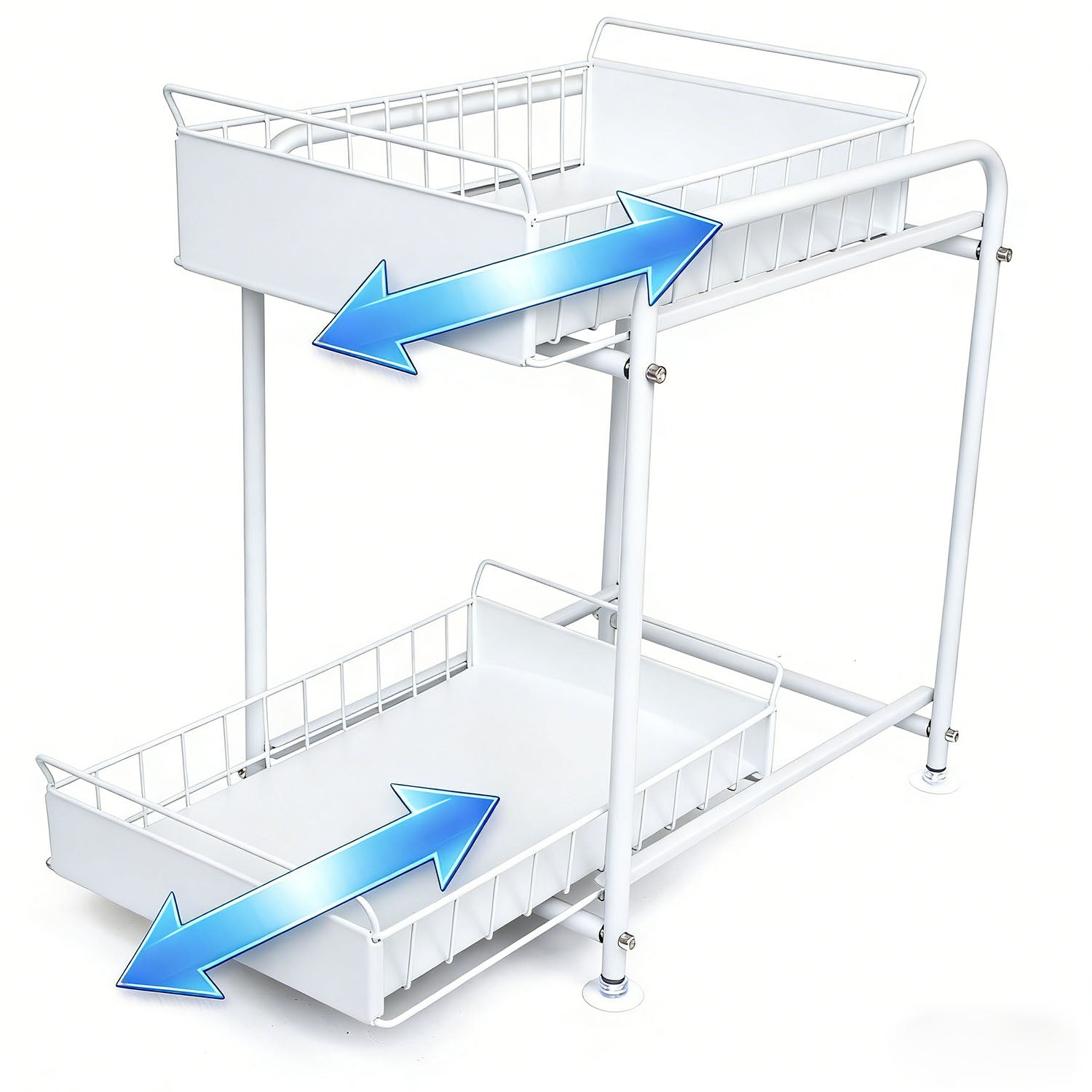 2 Tier Under Sink Storage Rack Kitchen Organizer Steel Frame with Removable Baskets & Suction Feet White