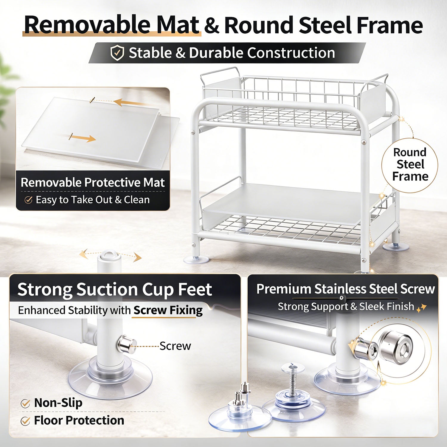 2 Tier Under Sink Storage Rack Kitchen Organizer Steel Frame with Removable Baskets & Suction Feet White