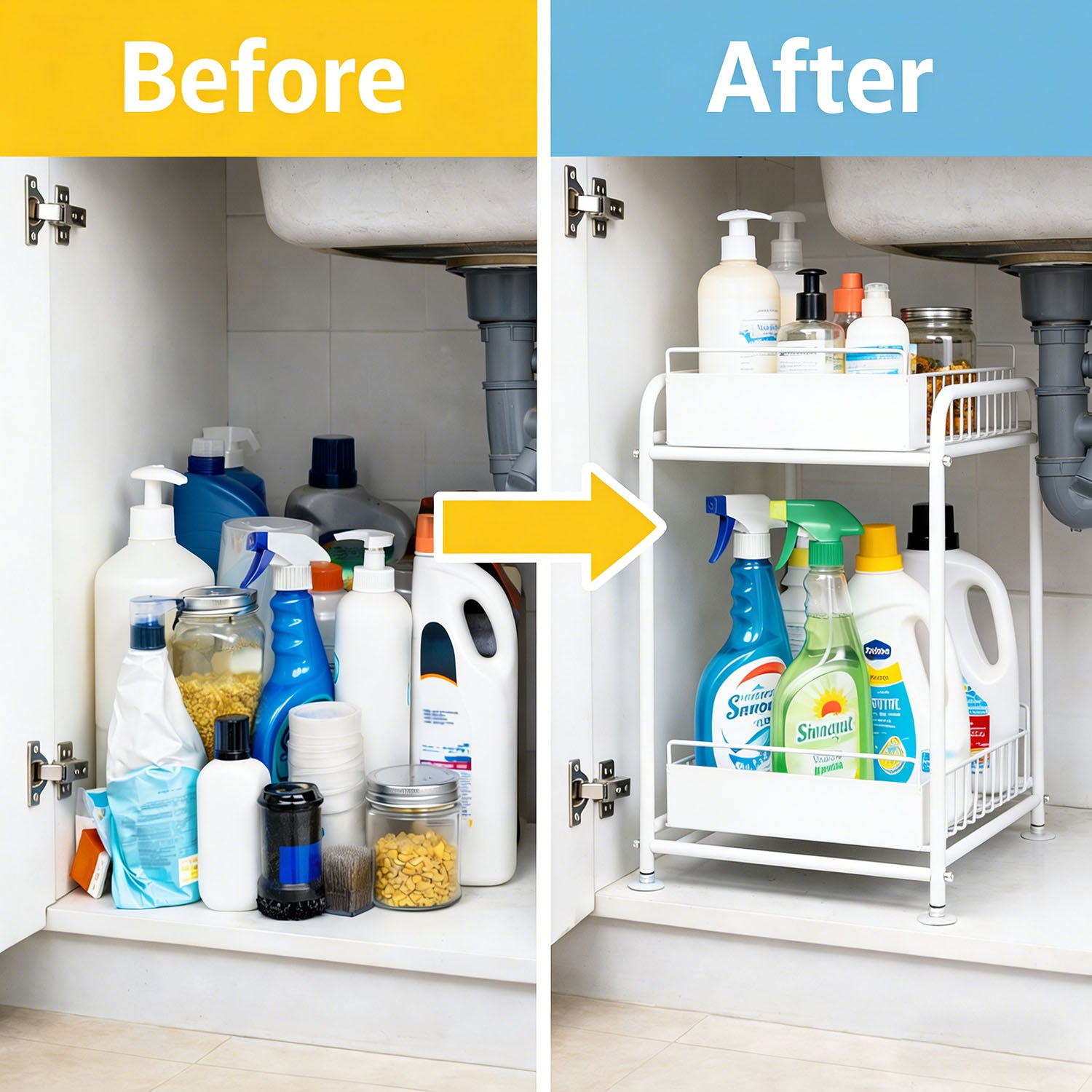2 Tier Under Sink Storage Rack Kitchen Organizer Steel Frame with Removable Baskets & Suction Feet White