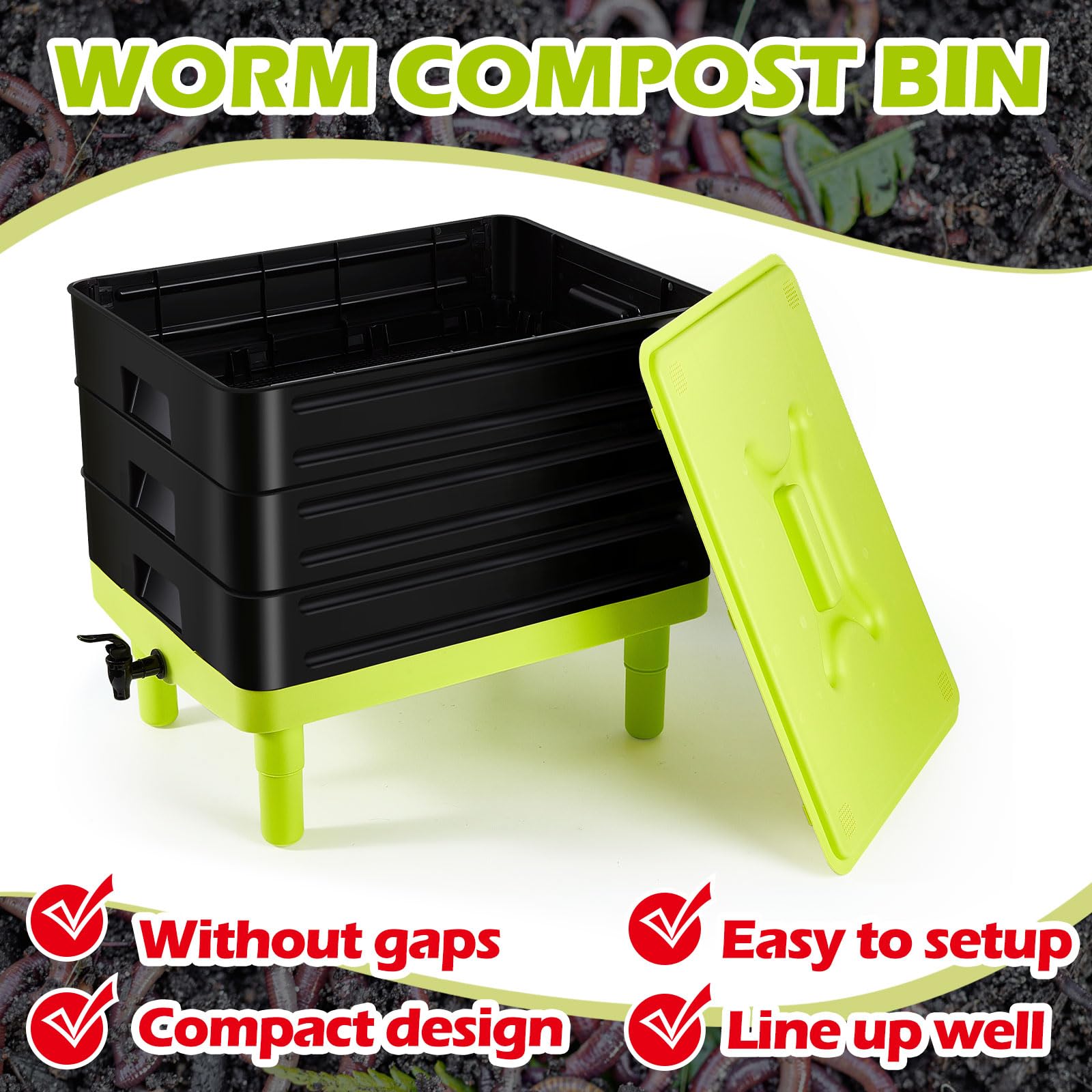 60L Large 3-Tray Worm Composter with Spigot – Indoor/Outdoor