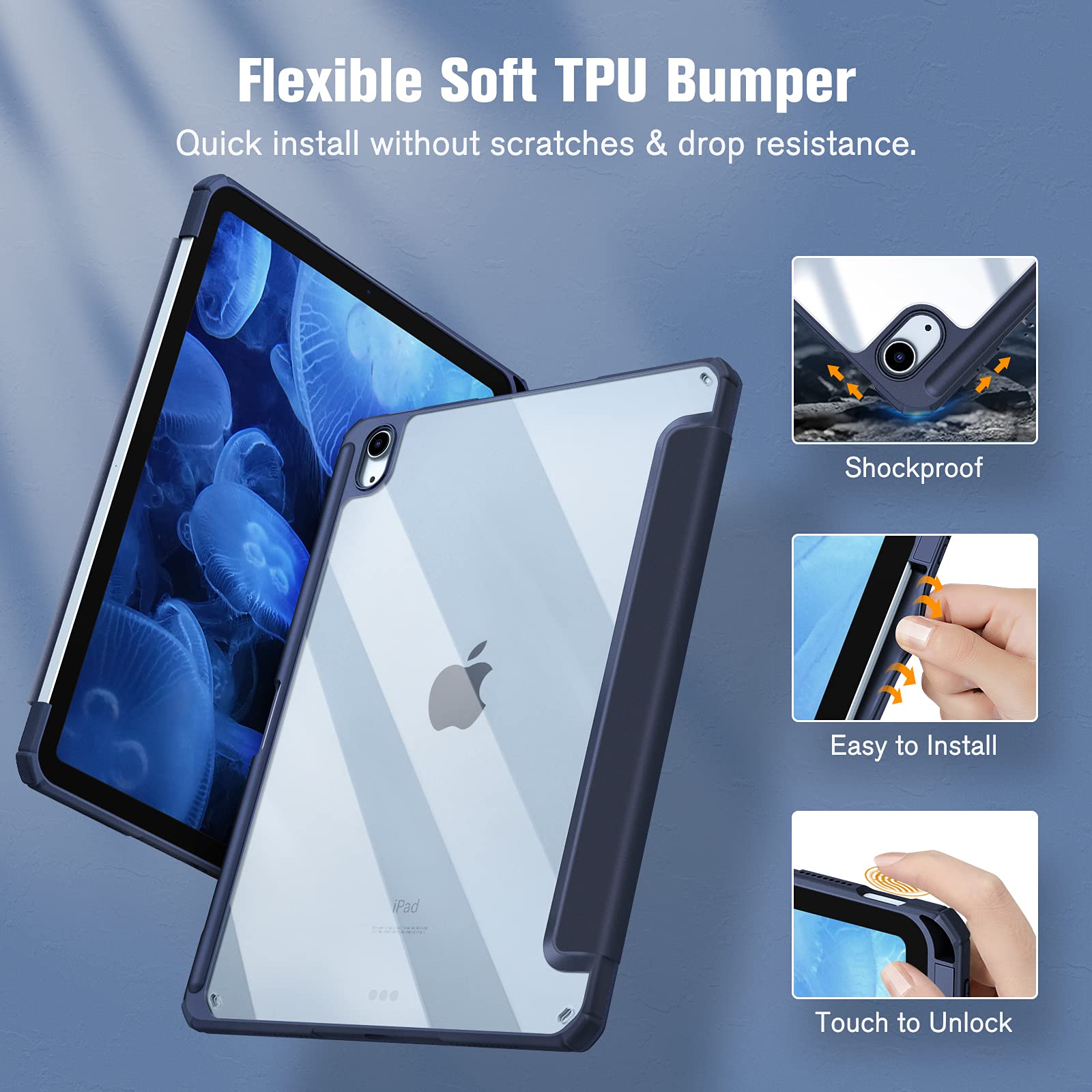 iPad 10.9 Case 2022 PU Leather, Apple Pencil Holder, TPU, Dark Blue