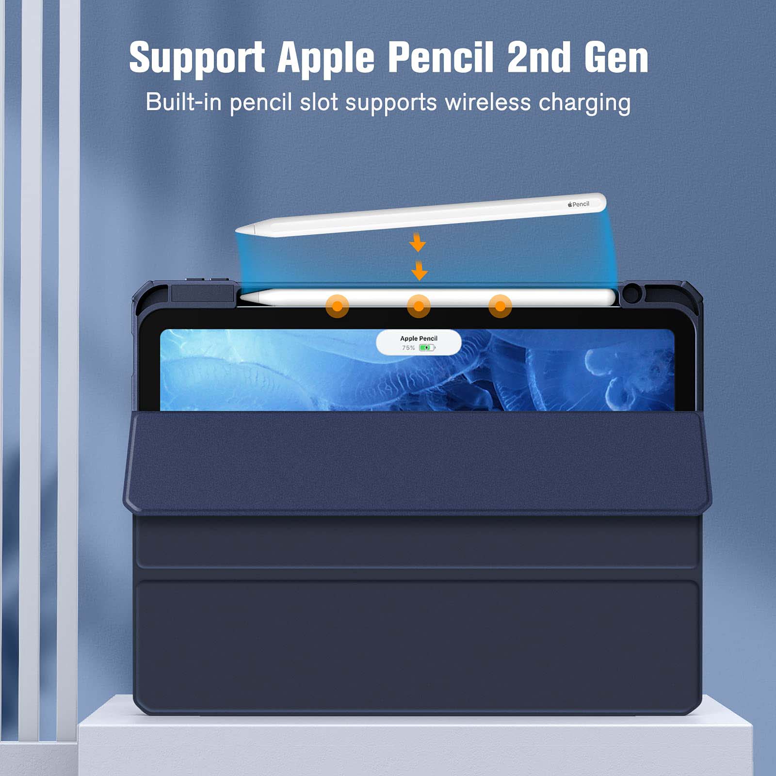 iPad 10.9 Case 2022 PU Leather, Apple Pencil Holder, TPU, Dark Blue