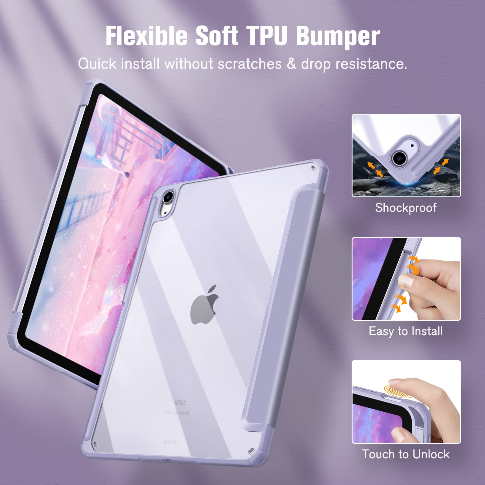 Lavender 10.9" iPad 10th Gen Case 2022, Pencil Holder, Auto Sleep