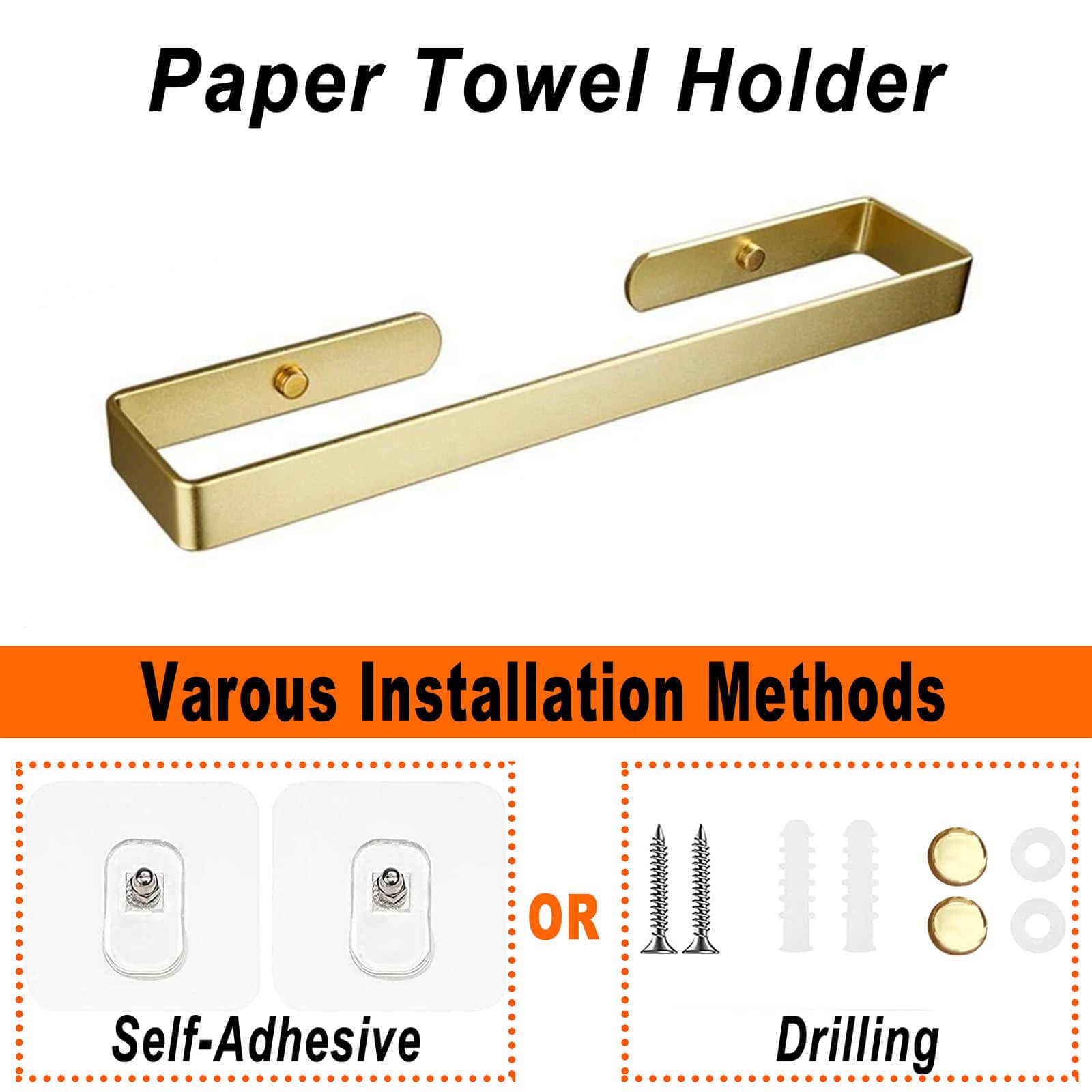 Stainless Steel Paper Towel Holder, 40cm, Self-Adhesive or Screw Mount