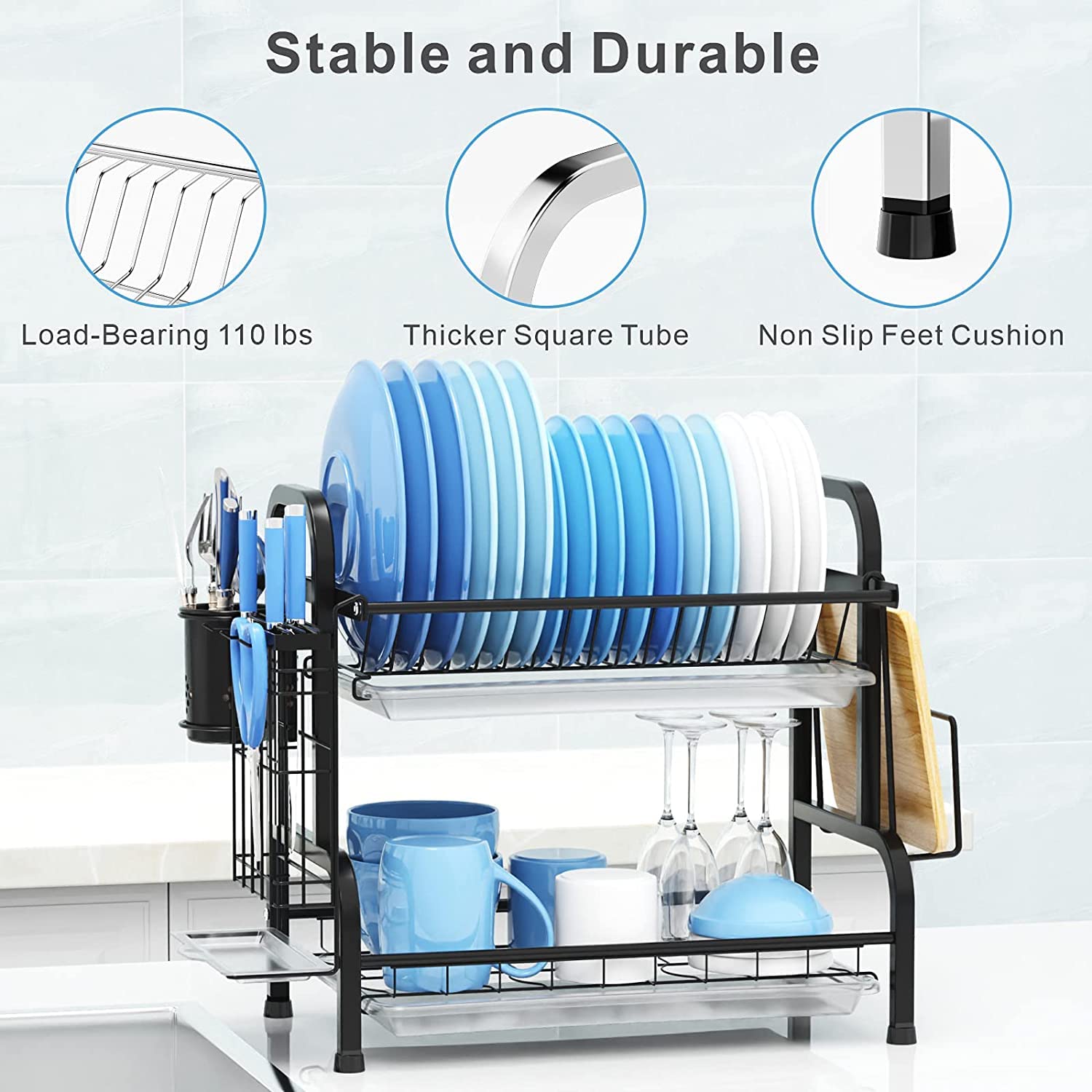 2 Tier Stainless Steel Dish Drying Rack with Drain Boards