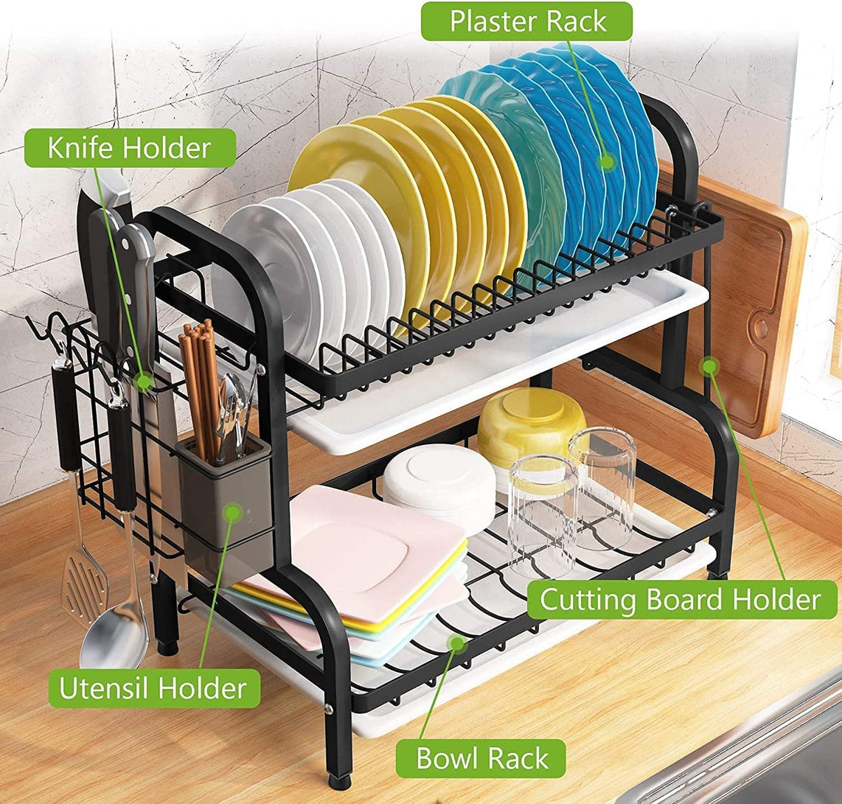 Stack Rack Drip Tray Dish Rack 2 Tier Dish Dryer Drainer Stainless Steel Dish Drying Rack D