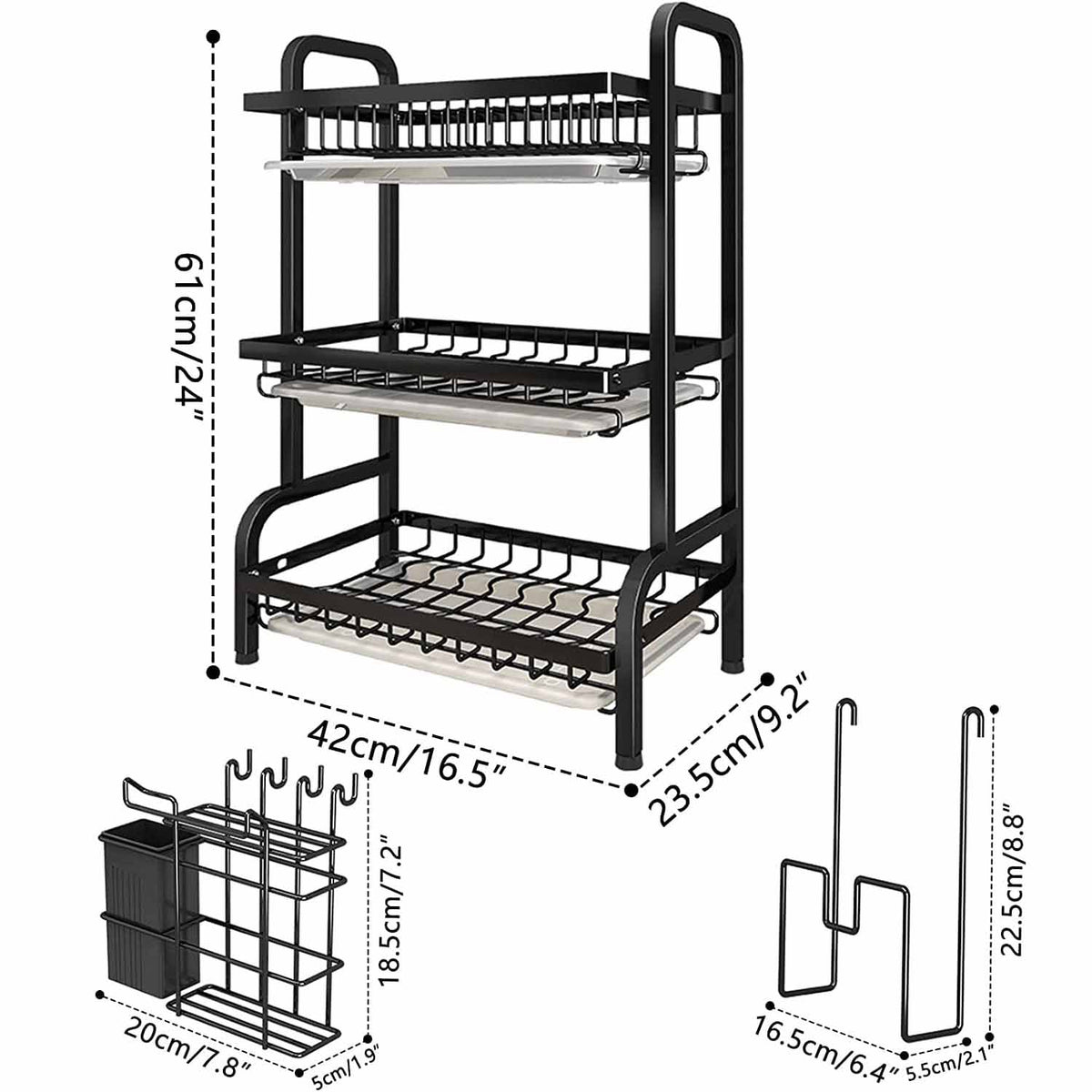 Stack Rack Drip Tray Dish Rack 3 Tier Dish Dryer Drainer Stainless Steel Dish Drying Rack D