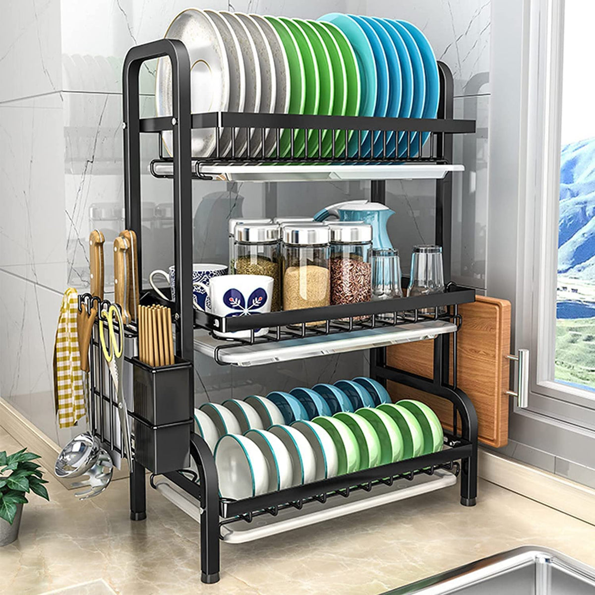 Dish Rack 3 Tier Dish Dryer Drainer Stainless Steel Dish Drying Rack D