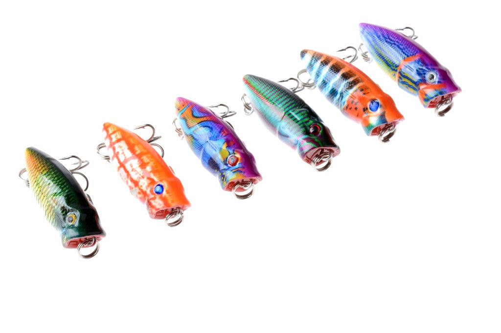 6X 3.5cm Topwater Popper Fishing Lures, 3D Eyes, Sharp Hooks