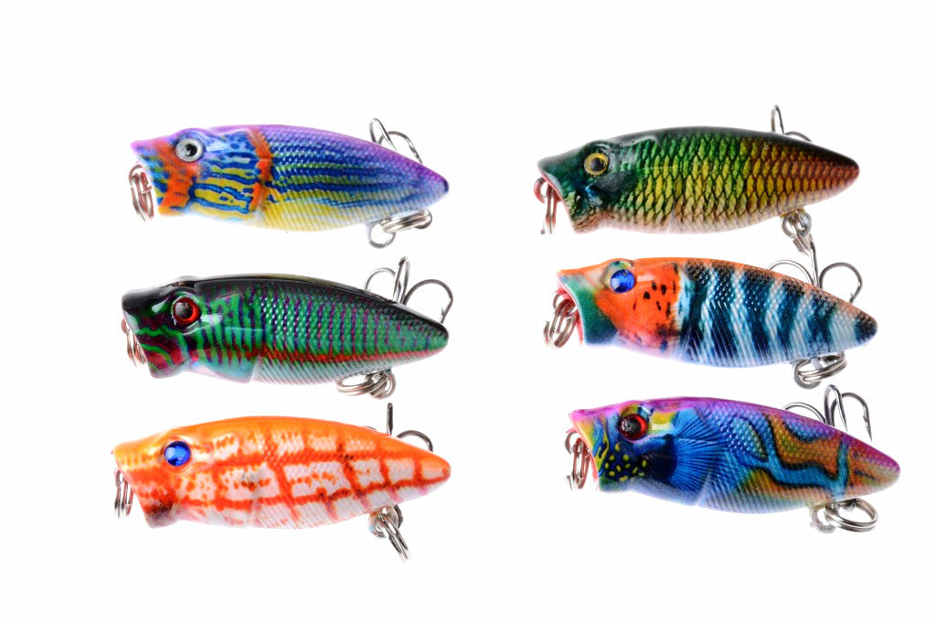 6X 3.5cm Topwater Popper Fishing Lures, 3D Eyes, Sharp Hooks