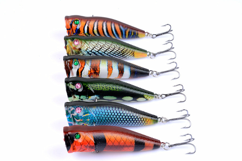 6X 7cm Popper Fishing Lures, 3D Eyes, Sharp Hooks, Durable ABS