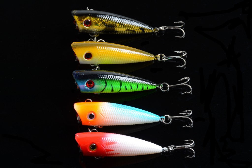 5X 6cm Popper Lures with 3D Eyes, Sharp Hooks, Fresh Saltwater