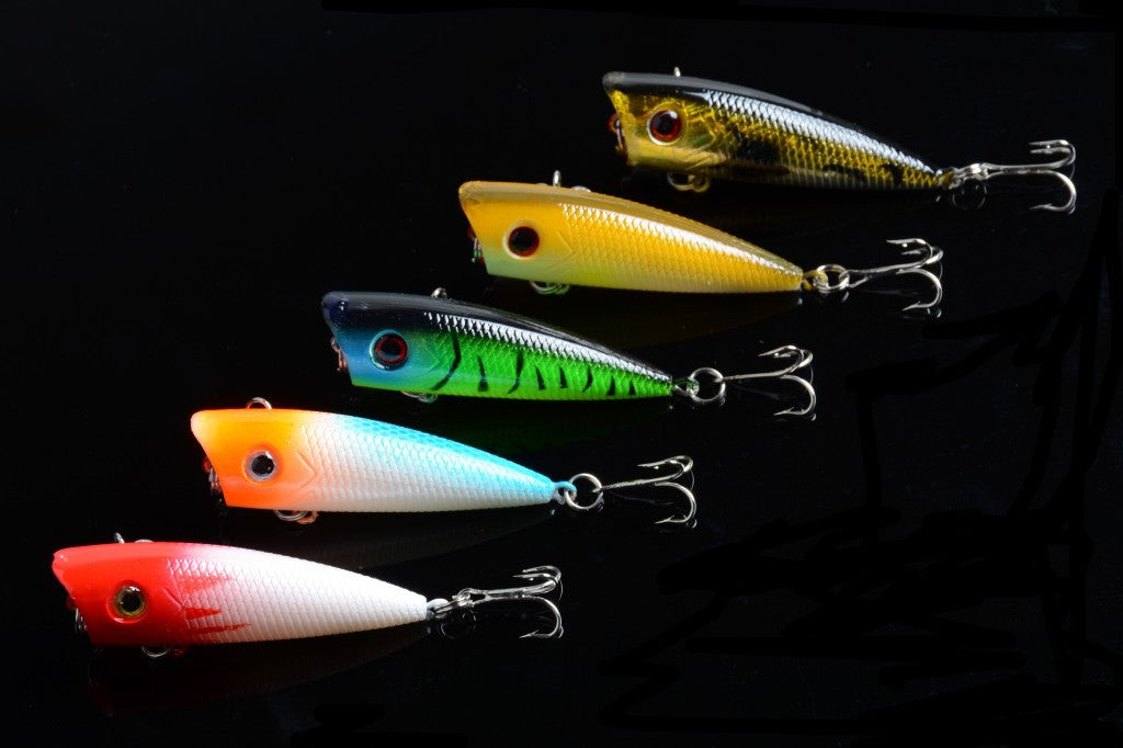 5X 6cm Popper Lures with 3D Eyes, Sharp Hooks, Fresh Saltwater