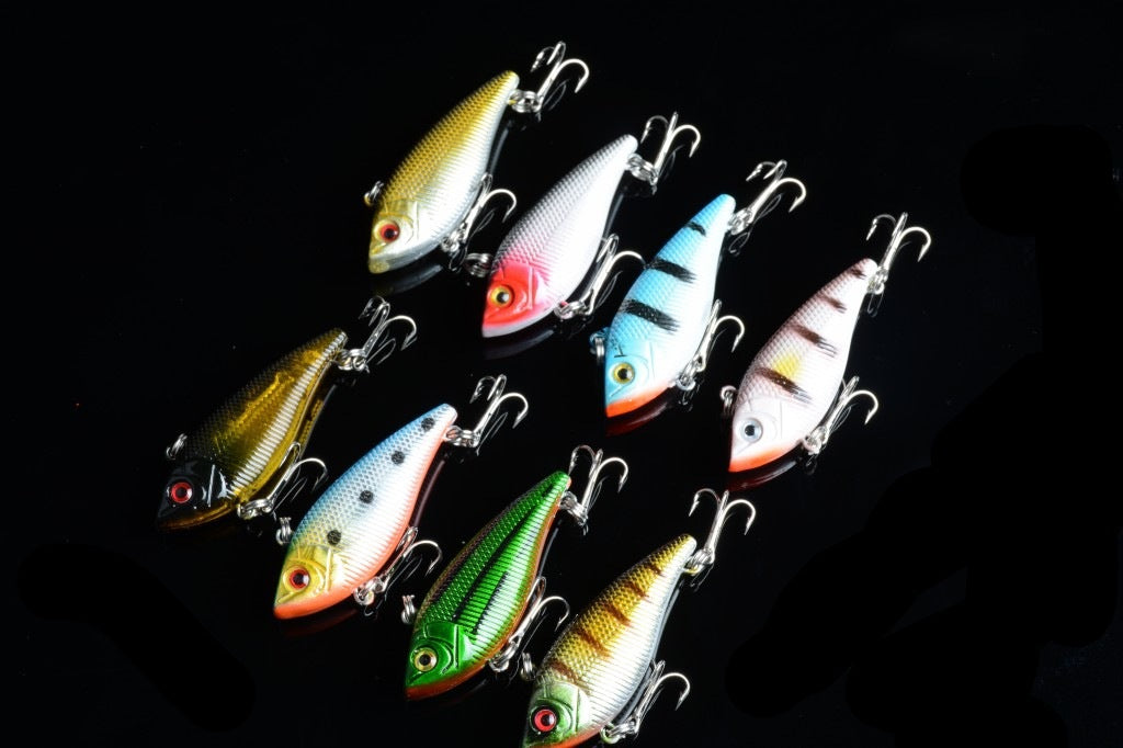 8x 5cm Vib Fishing Lures, 3D Eyes, Sharp Hooks Set