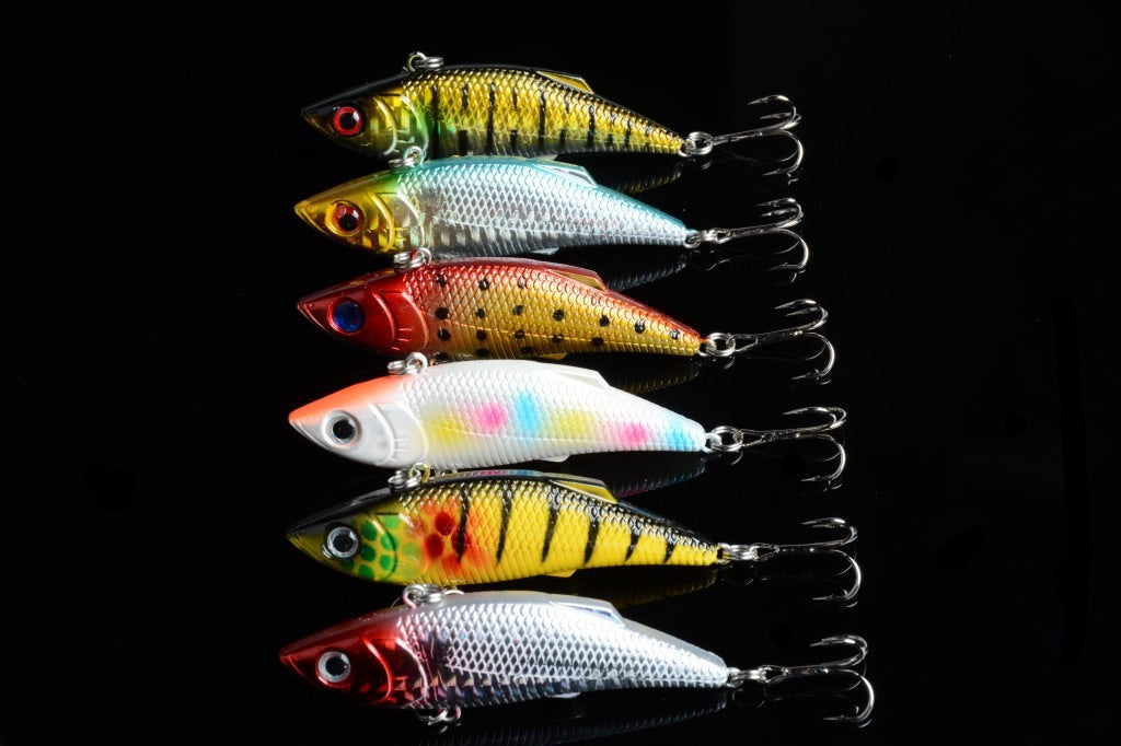 6x 8cm Vib Bait Fishing Lures 3D Eyes Sharp Hooks Tackle