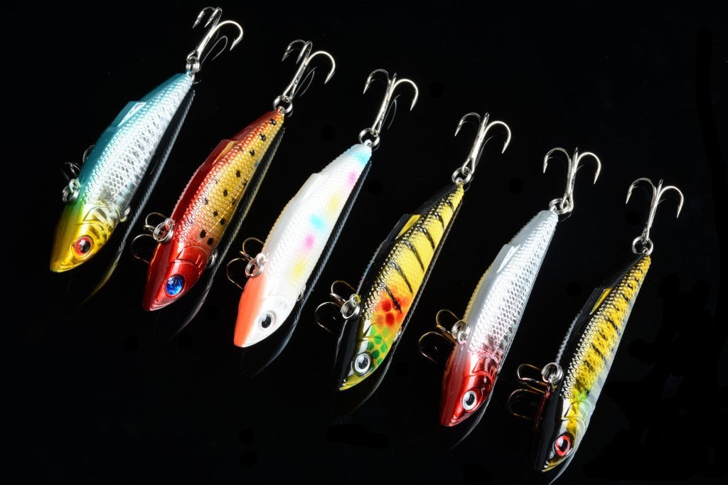 6x 8cm Vib Bait Fishing Lures 3D Eyes Sharp Hooks Tackle